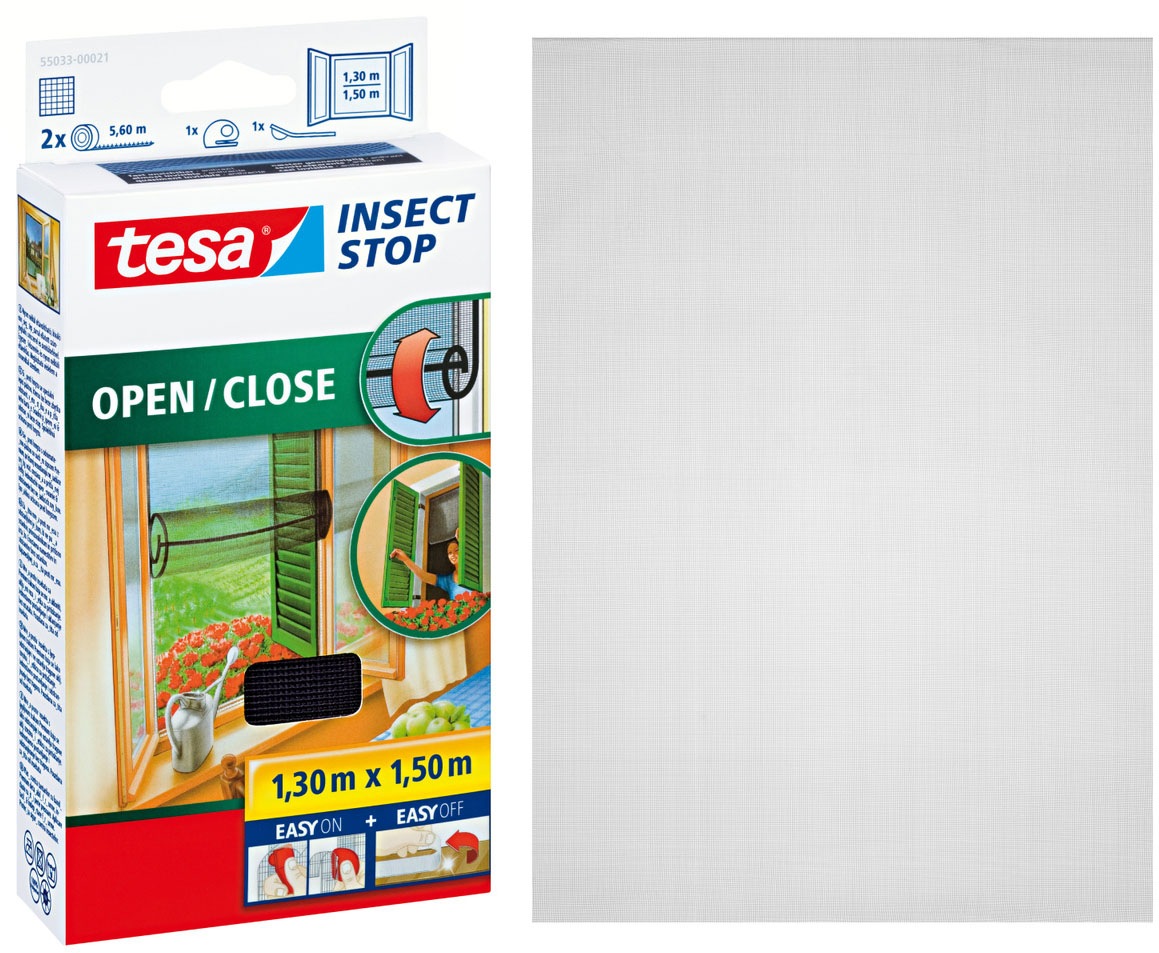 tesa Insektenschutz-Fensterrahmen »Insect Stop Comfort Fliegengitter für Fenster- Insektenschutz Rollo« Packung, Fliegennetz, Klettband, Andrück und Schneidehilfe, 1 Stk. tlg. Insektenschutz für Fenster - selbstklebend - schwarz - 1,3 m : 1,5 m