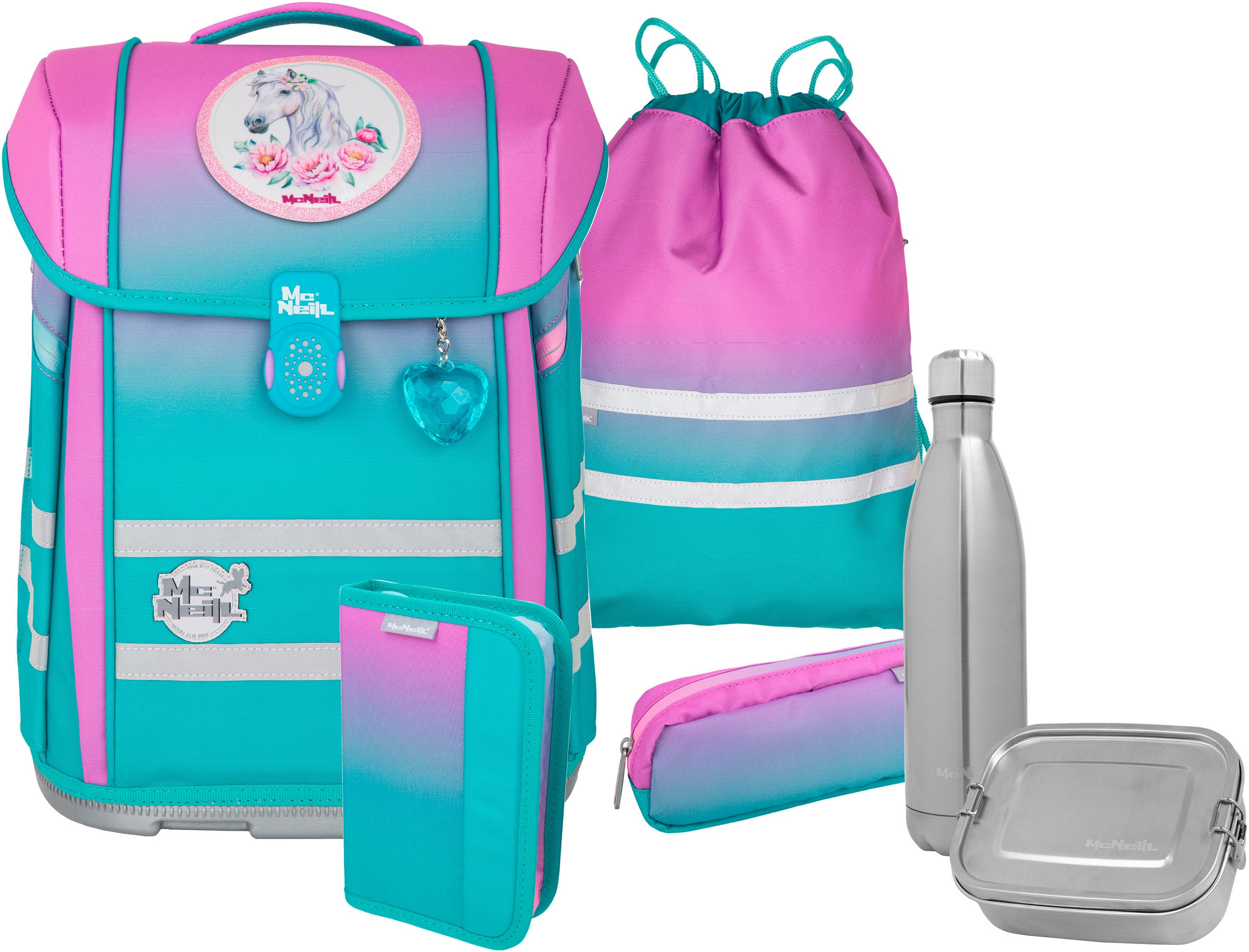 McNeill Schulranzen »Perfecto, Blueberry« reflektierende Streifen auf den Schultergurten;retroreflektierende Flächen inkl. Federmäppchen, Turnbeutel, Schlamperrolle & Motivmagnet