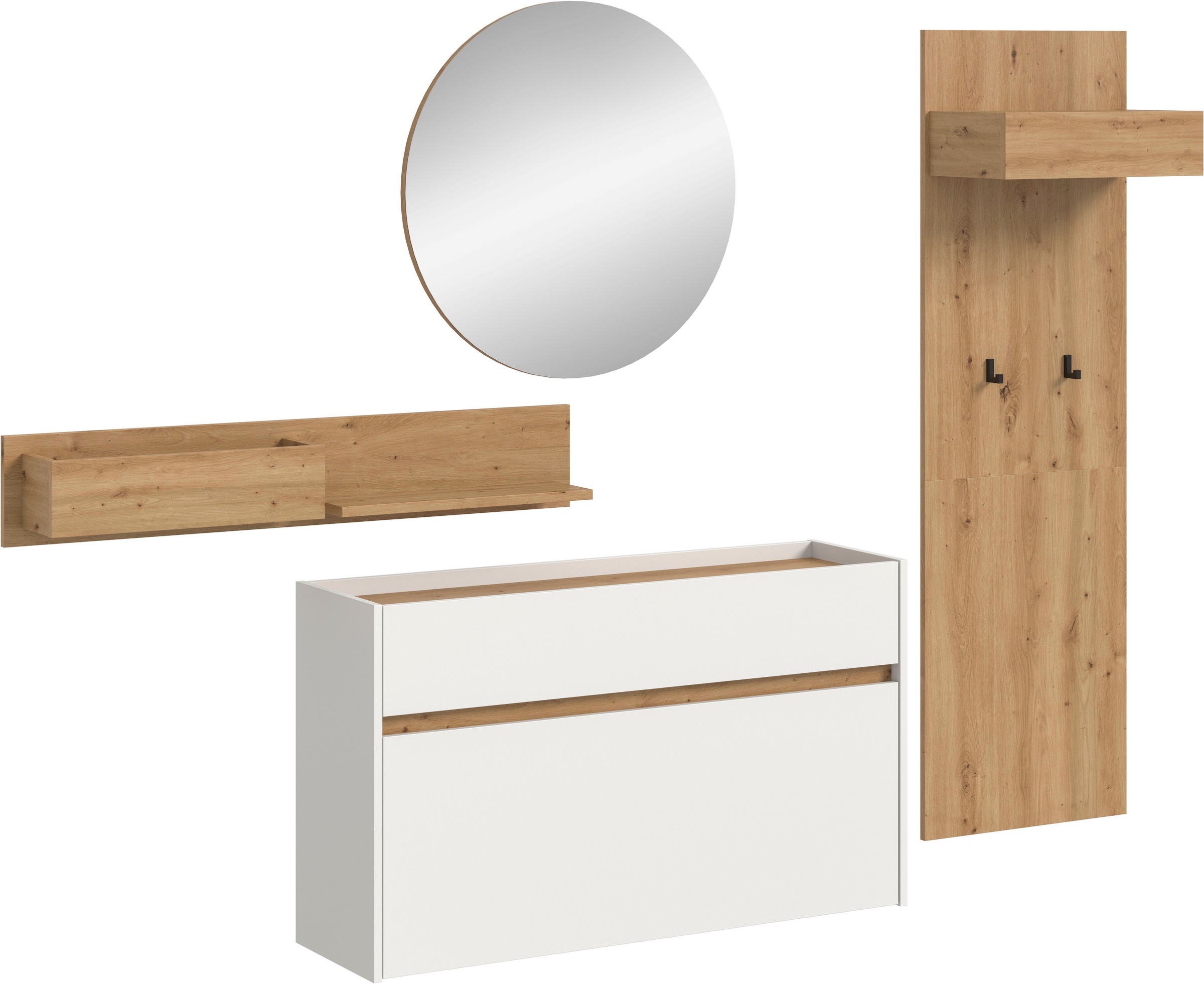 INOSIGN Garderoben-Set »EVRID, 4-teilig, Breite 205 cm, individuell hängbar & erweiterbar« best. aus: Wandboard, Kommode, Spiegel, Garderobenpaneel, 4 Stk. tlg. Garderobenkombination, Garderobe, Wandgarderobe, Flur, Diele