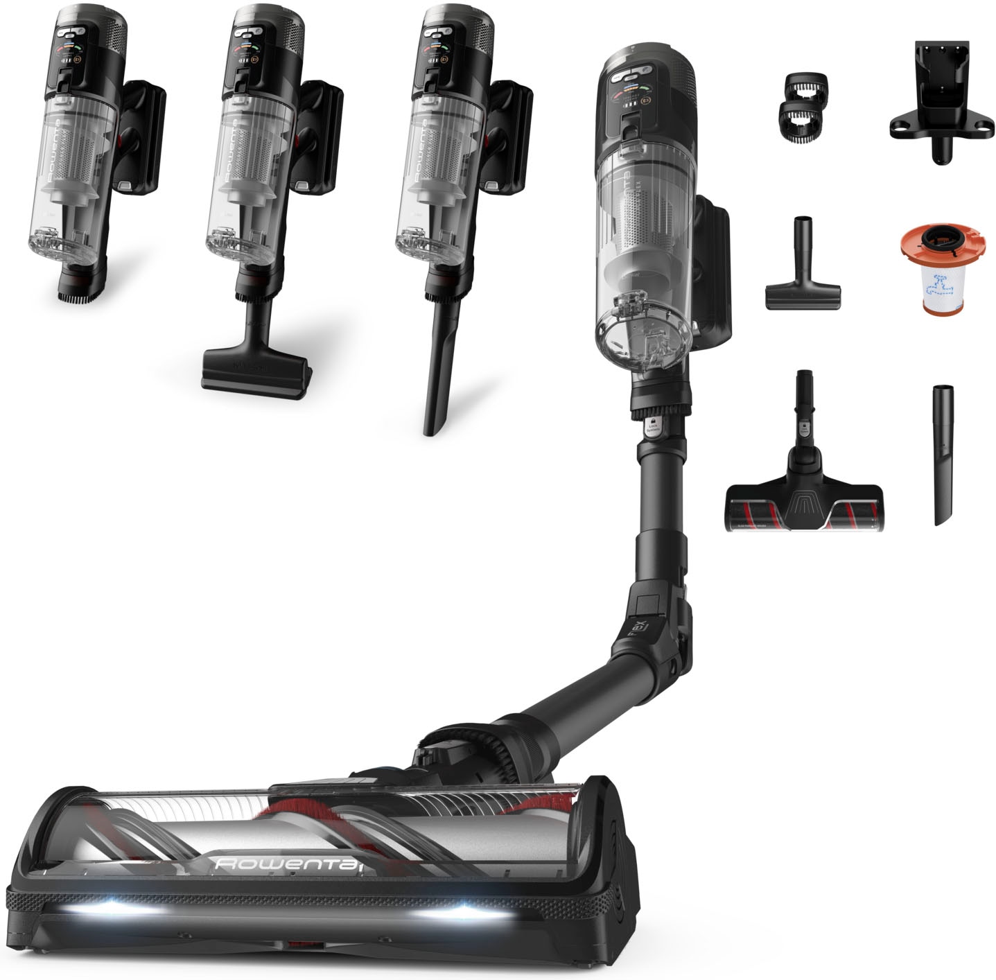 Rowenta Akku-Hand-und Stielstaubsauger »X-Force Flex 12.60 Neo Complete, 60 Minuten Laufzeit, Flex-Gelenk« LED-Beleuchtung, hocheffiziente Saugleistung dank 150 Air Watt, RH9L55