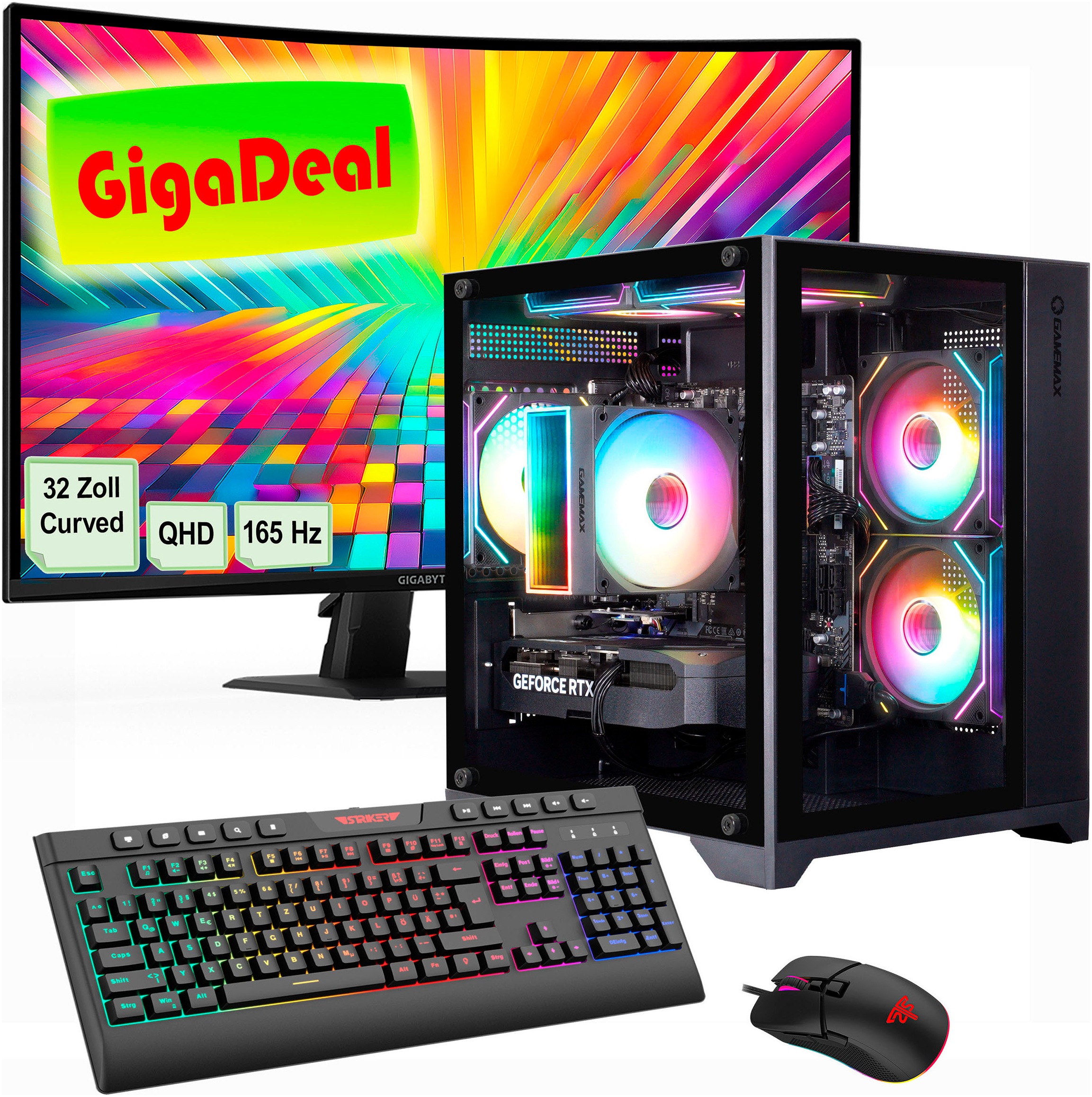 GAMEMAX PC-Komplettsystem »GigaDeal Infinity Mini 2579 Ryzen 5 7500F RTX 5060 32GB DDR5 1TB SSD« 32 ″ AMD Ryzen 5 GeForce RTX™ 5060 32 GB RAM 1.000 GB SSD Windows 11 + Gigabyte GS32QC LED-Monitor Curved, 80 cm (32')