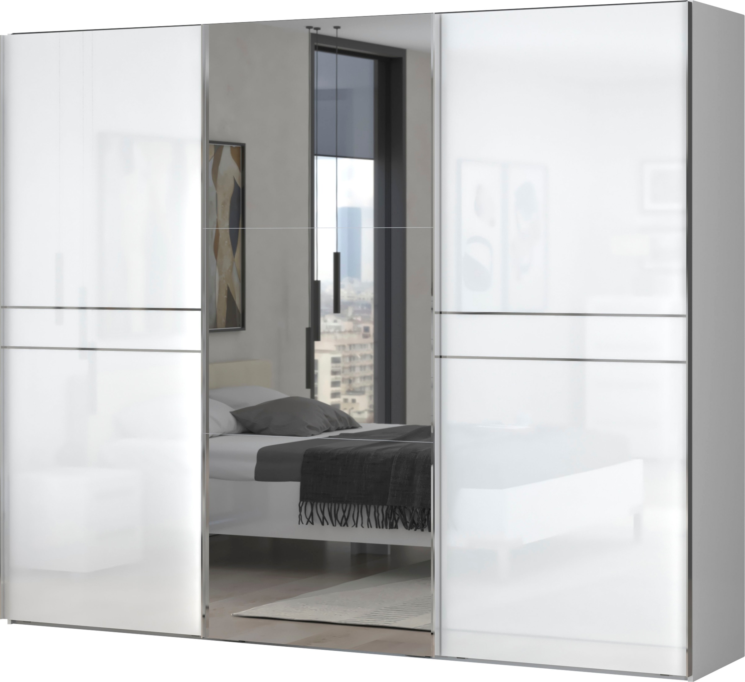 PLACES OF STYLE Schwebetürenschrank »Piano, mit Einlegeböden, Kleiderstangen, Spiegel, Türen soft-close« in 3 Breiten, 224cm hoch, mit verchromten Aufleistungen, mit Spiegeltür, FSC-zertifizierter Holzwerkstoff