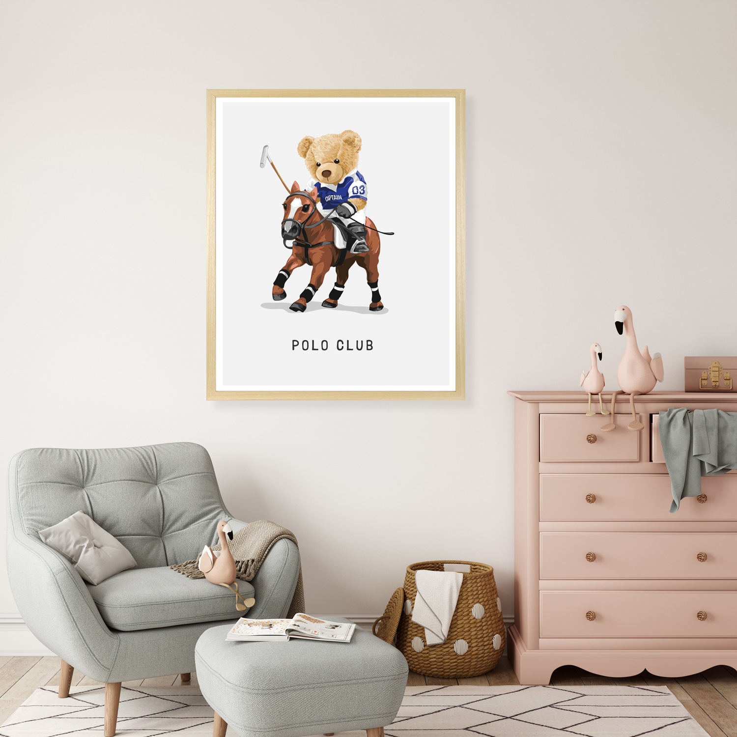 queence Bild mit Rahmen »Polo Club Teddy Bär auf Pferd« Bär Bären Fashion Figuren Mode Modebilder Pferde Pferdebilder Reitbilder Schriftzug HD Premium Poster-Druck inkl. Echtholzrahmen in beige