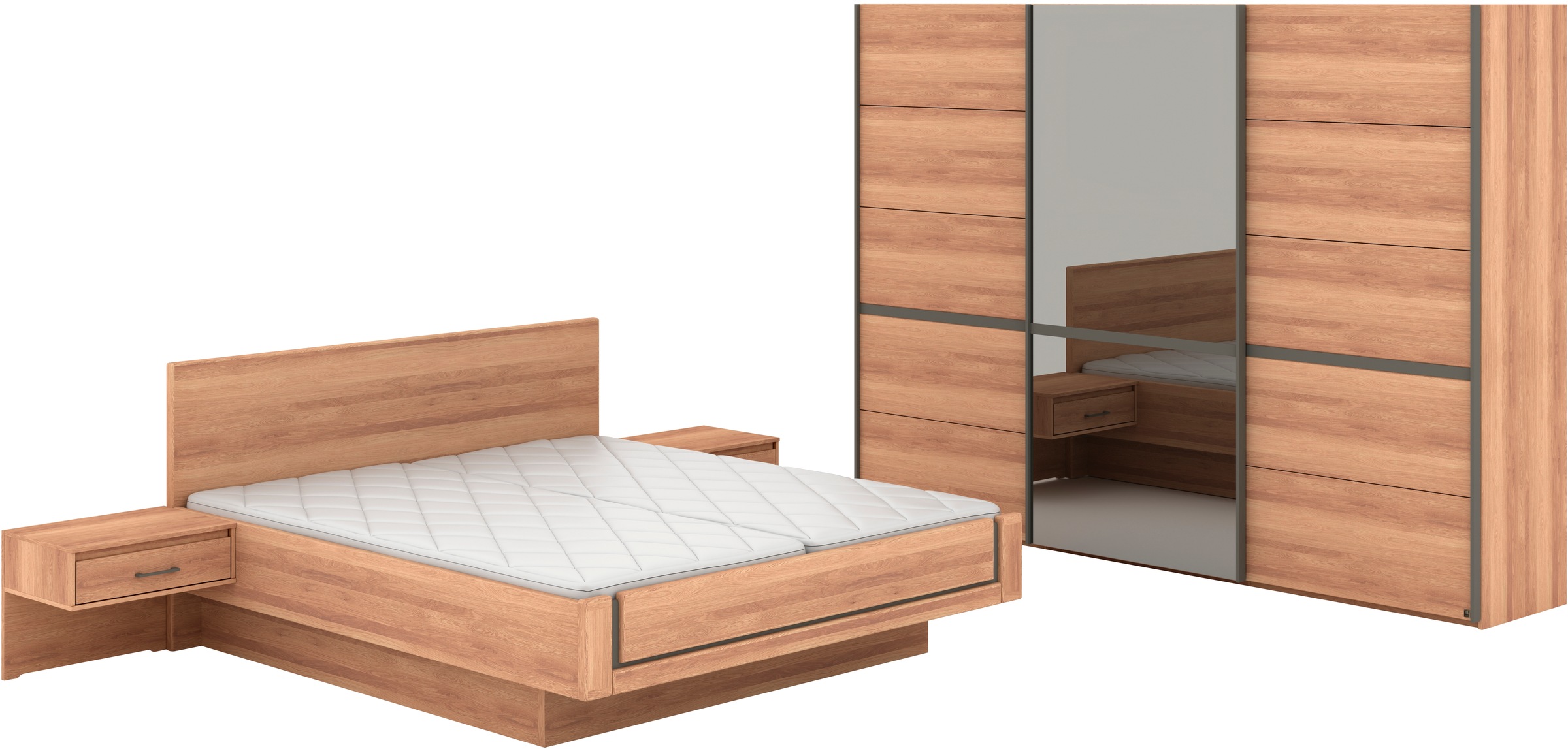 Musterring Schlafzimmer-Set »Sorrent, Kleiderschrank, Bett & Nachtkommoden, teilmassiv Eiche« 2er-Set Nachtschränke, Schwebetürenschrank 300 cm, Bett 180x200 cm, mit Schwebetürenschrank, Bett mit Stollenfuß, Breite Schrank 250 cm