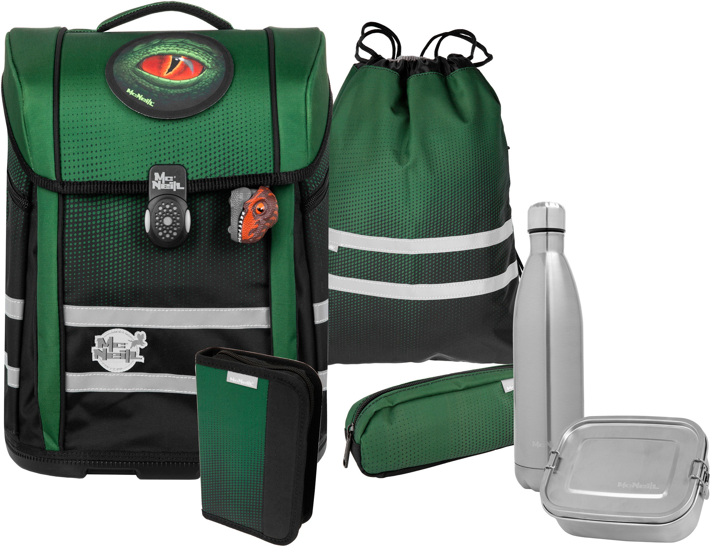 McNeill Schulranzen »Perfecto, Gradient Grass« reflektierende Streifen auf den Schultergurten;retroreflektierende Flächen inkl. Federmäppchen, Turnbeutel, Schlamperrolle & Motivmagnet