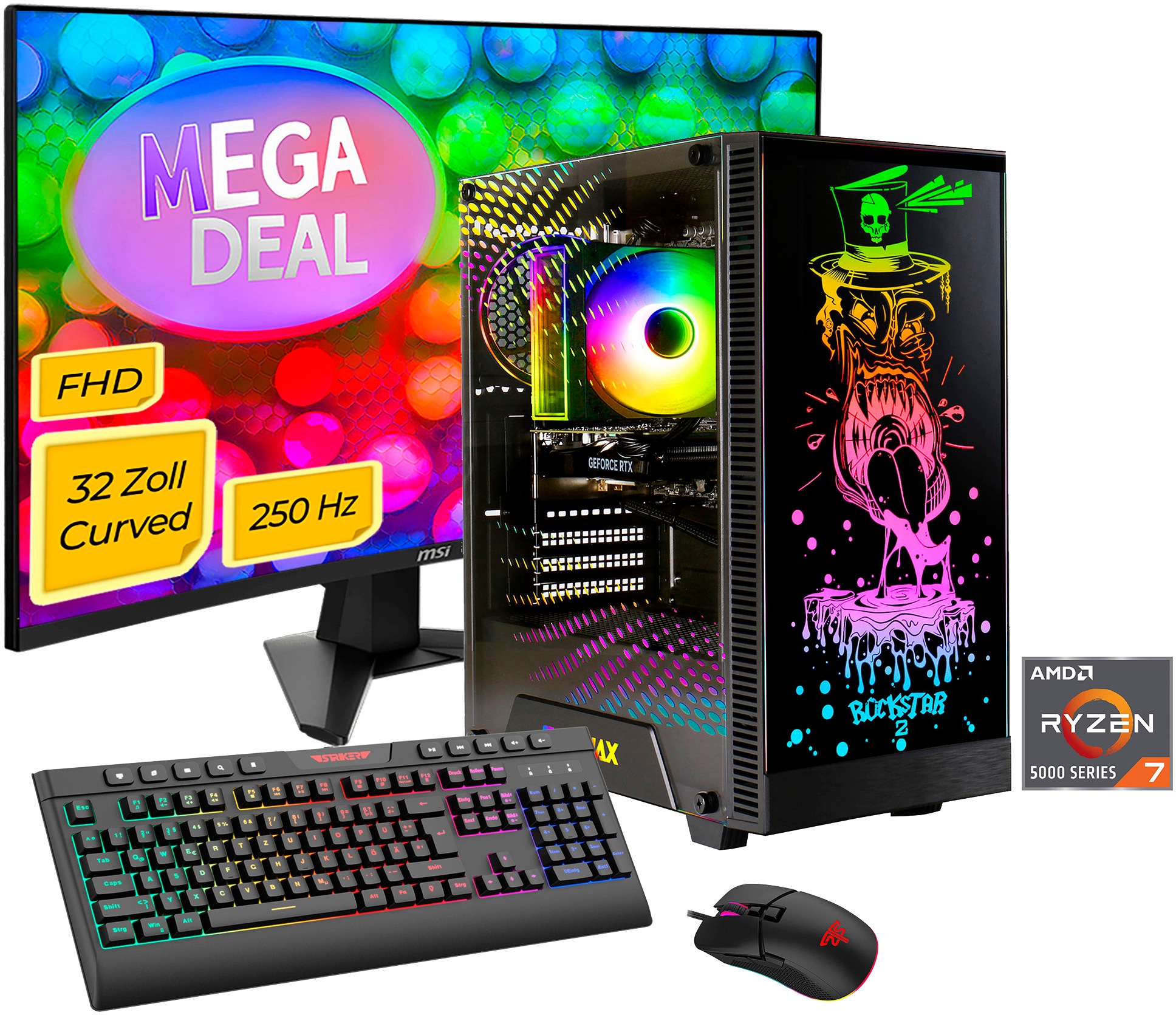 GAMEMAX Gaming-PC-Komplettsystem 'MegaDeal Rockstar 2872 AMD Ryzen 7 5700X 32GB 1TB SSD RTX 5060' 32 ″ AMD Ryzen 7 GeForce RTX 5060 32 GB RAM 1.000 GB SSD Windows 11 + MSI MAG 32C6X Curved Monitor 80cm (32')