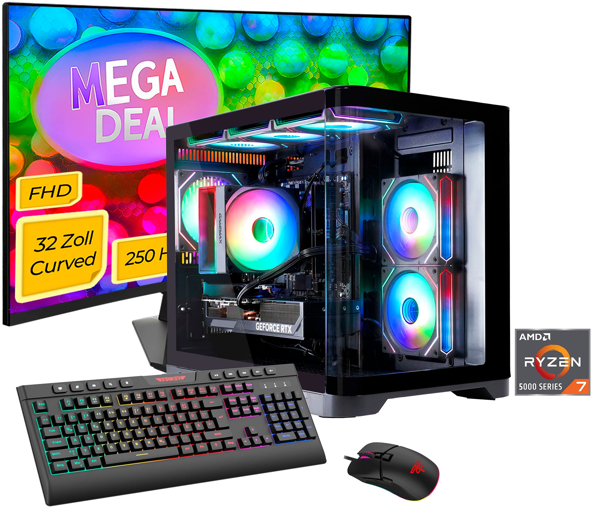 GAMEMAX Gaming-PC-Komplettsystem 'MegaDeal HYPE-M BK 2876 AMD Ryzen 7 5700X 32GB 1TB SSD RTX 5060' 32 ″ AMD Ryzen 7 GeForce RTX 5060 32 GB RAM 1.000 GB SSD Windows 11 + MSI MAG 32C6X Curved Monitor 80cm (32')