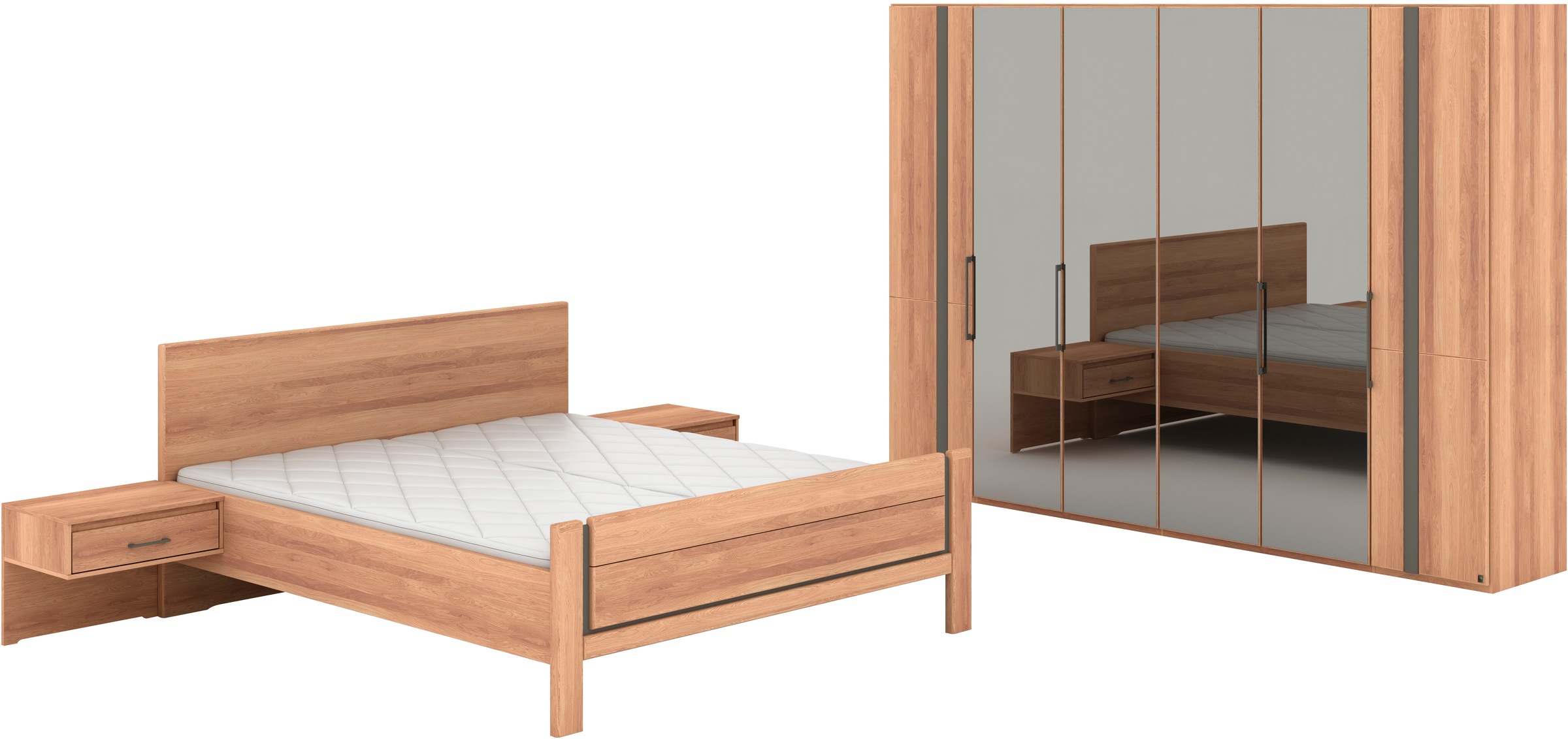 Musterring Schlafzimmer-Set »Sorrent, Kleiderschrank, Bett & Nachtkommoden, teilmassiv Eiche« 2er-Set Nachtschränke, Drehtürenschrank 300 cm, Bett 180x200 cm, Bett mit Stollenfuß, Eiche teilmassiv, Spiegeltüren in Parsol-Bronze