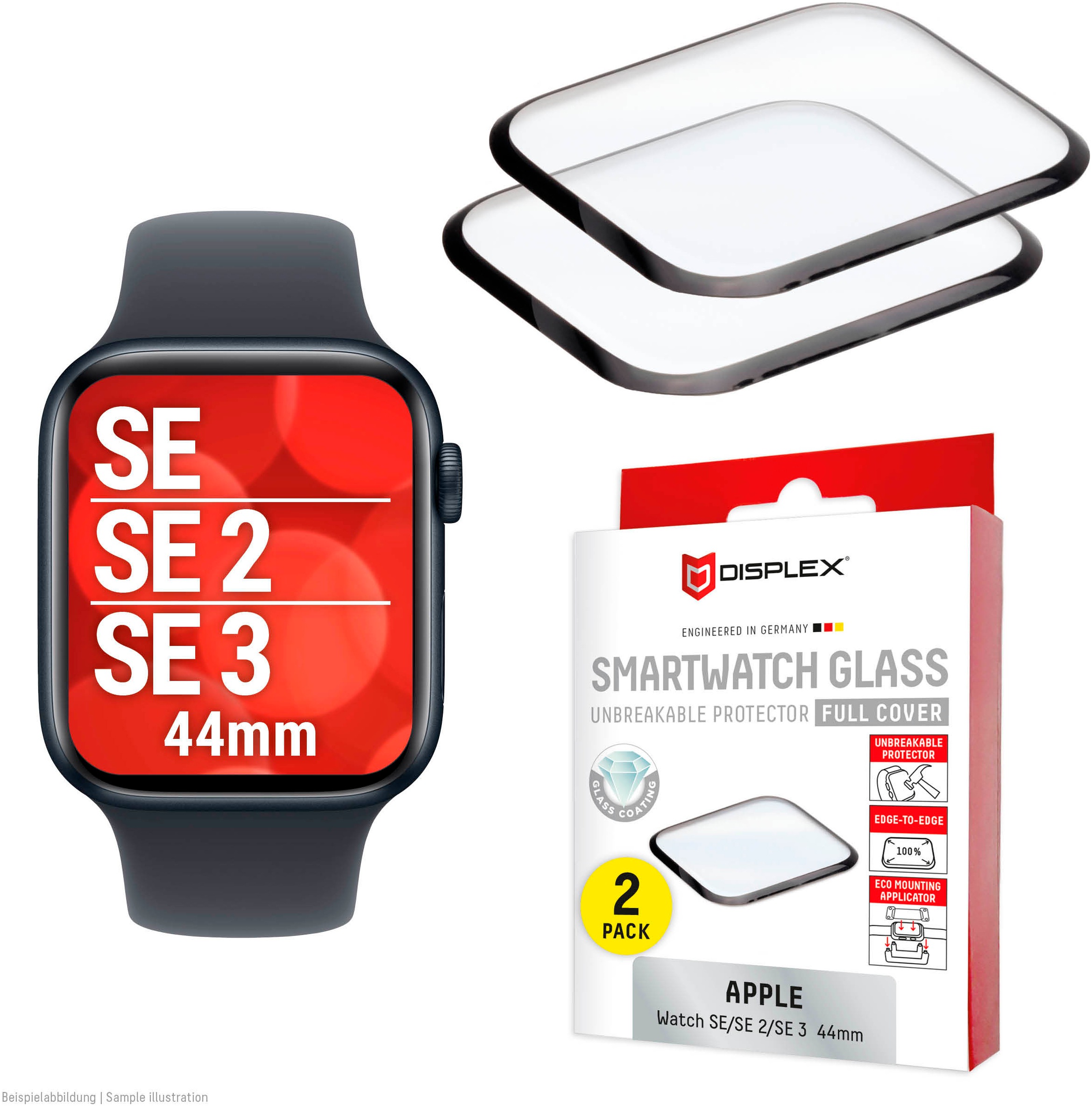 Displex Displayschutzglas »Smartwatch Glass Unbreakable Protector Full Cover« für Apple Watch SE 44 mm;Apple Watch SE 2 44 mm;Apple Watch SE 3 44 mm Packung, 2x Acrylglas Protector, Displayschutzfolie, kratz- & stoßfest