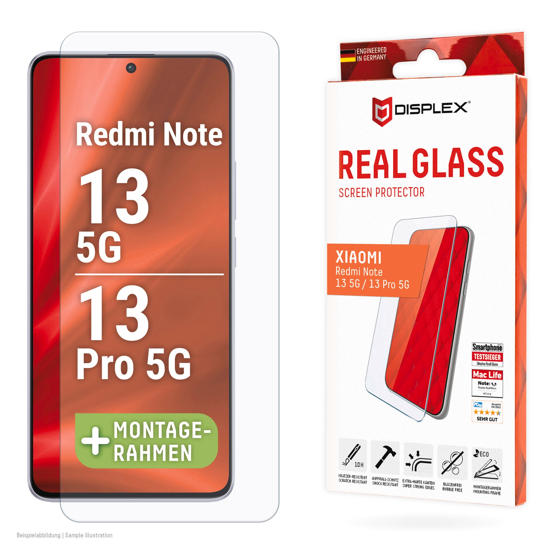 Displex Displayschutzglas »Real Glass« für Xiaomi Redmi Note 13 5G;Xiaomi Redmi Note 13 Pro 5G 1 Stk. tlg. Bildschirmschutz, Displayschutzfolie,Einfach anbringen,kratz-&stoßfest