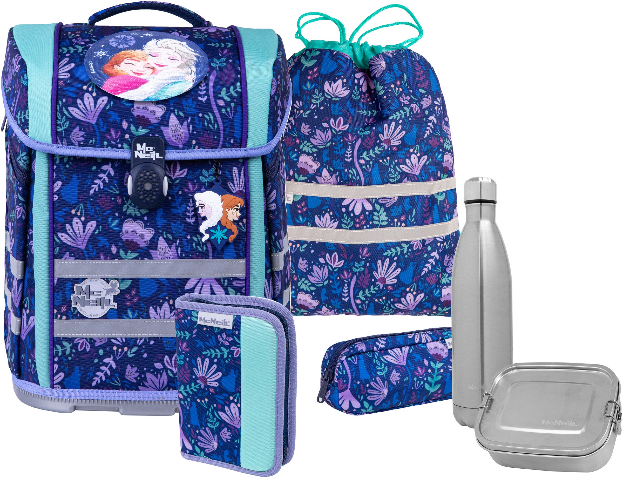 McNeill Schulranzen »Perfecto, Frozen II« reflektierende Streifen auf den Schultergurten;retroreflektierende Flächen inkl. Federmäppchen, Turnbeutel, Schlamperrolle & Motivmagnet