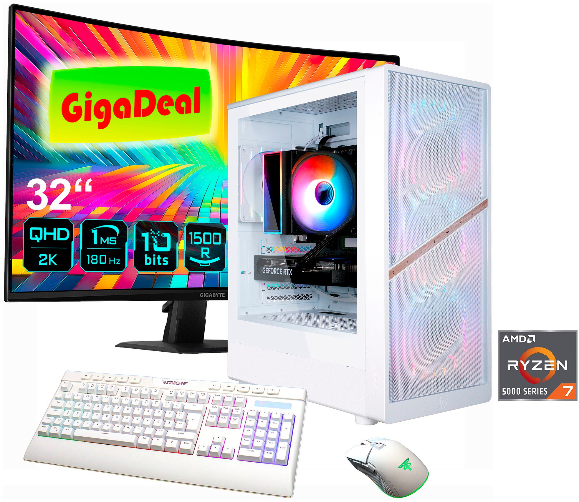 GAMEMAX Gaming-PC-Komplettsystem 'GigaDeal AERIS MW 2807 AMD Ryzen 7 5700X 32GB 1TB SSD RTX 5070' 32 ″ AMD Ryzen 7 GeForce RTX™ 5070 32 GB RAM 1.000 GB SSD Windows 11 + Gigabyte GS32QCA LED-Monitor Curved, 80 cm 32'