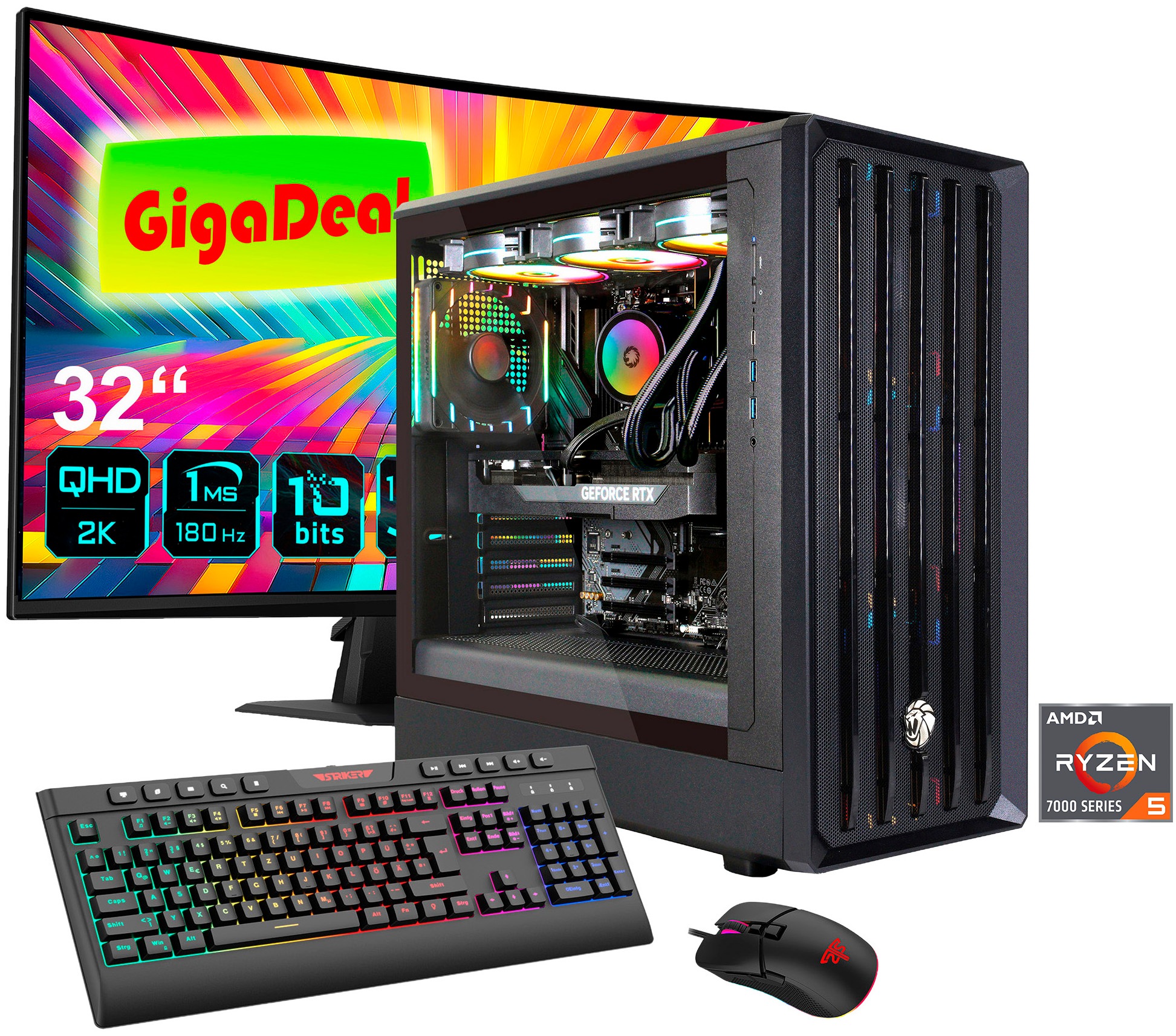 GAMEMAX Gaming-PC-Komplettsystem 'GigaDeal CLAW BK 2798 AMD Ryzen 5 7500F 32GB DDR5 1TB SSD RTX 5070' 32 ″ AMD Ryzen 5 GeForce RTX™ 5070 32 GB RAM 1.000 GB SSD Windows 11, DDR5 RAM + Gigabyte GS32QCA LED-Monitor Curved, 80 cm 32'