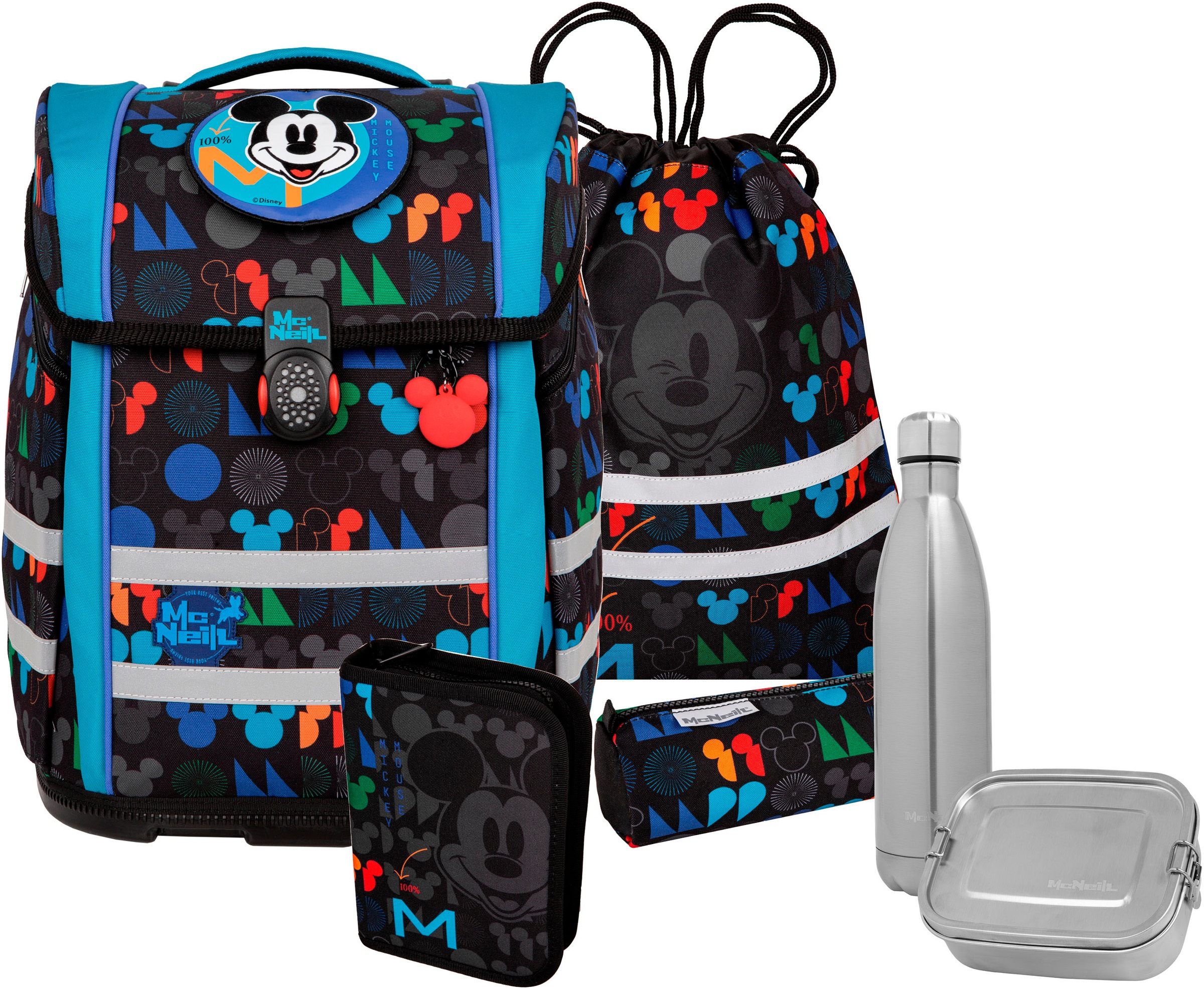 McNeill Schulranzen »Perfecto, Disney, Mickey Mouse« reflektierende Streifen auf den Schultergurten;retroreflektierende Flächen inkl. Federmäppchen, Turnbeutel, Schlamperrolle & Motivmagnet