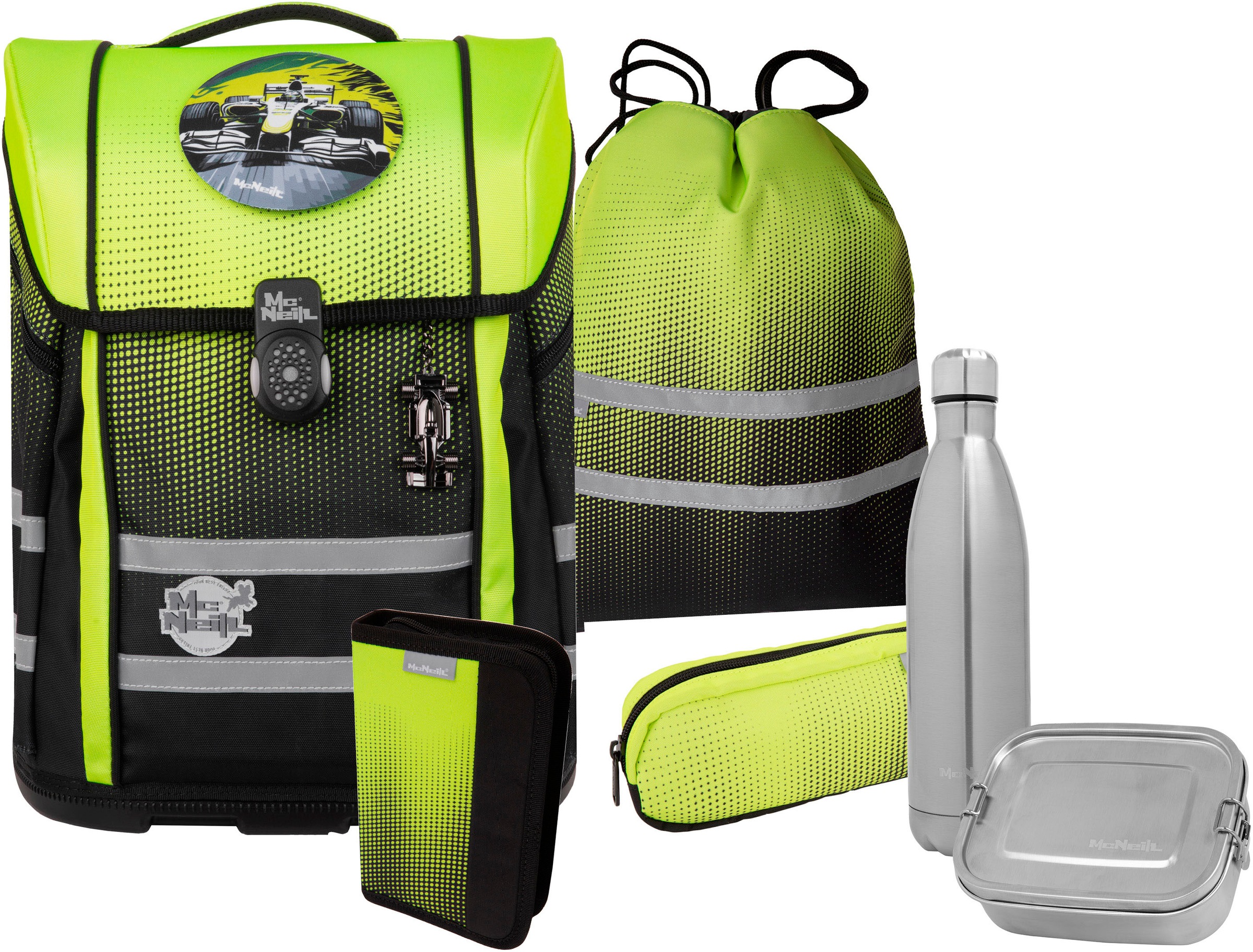 McNeill Schulranzen »Perfecto, Gradient Lemon« reflektierende Streifen auf den Schultergurten;retroreflektierende Flächen inkl. Federmäppchen, Turnbeutel, Schlamperrolle & Motivmagnet