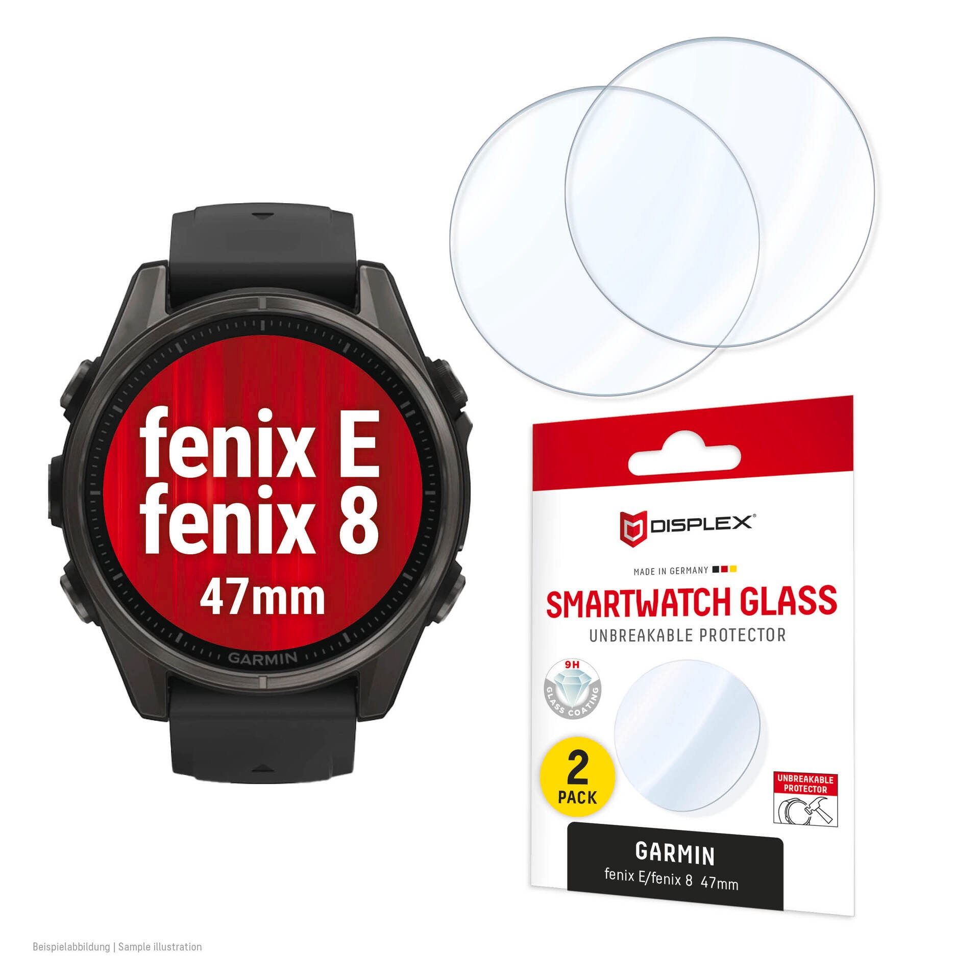 Displex Displayschutzglas »Smartwatch Glass Unbreakable Protector« für Garmin fenix E 47 mm;Garmin fenix 8 47 mm Packung, 2x Hybrid Glass, Displayschutzfolie, Schutzfolie, Bildschirmschutz, kratz- & stoßfest