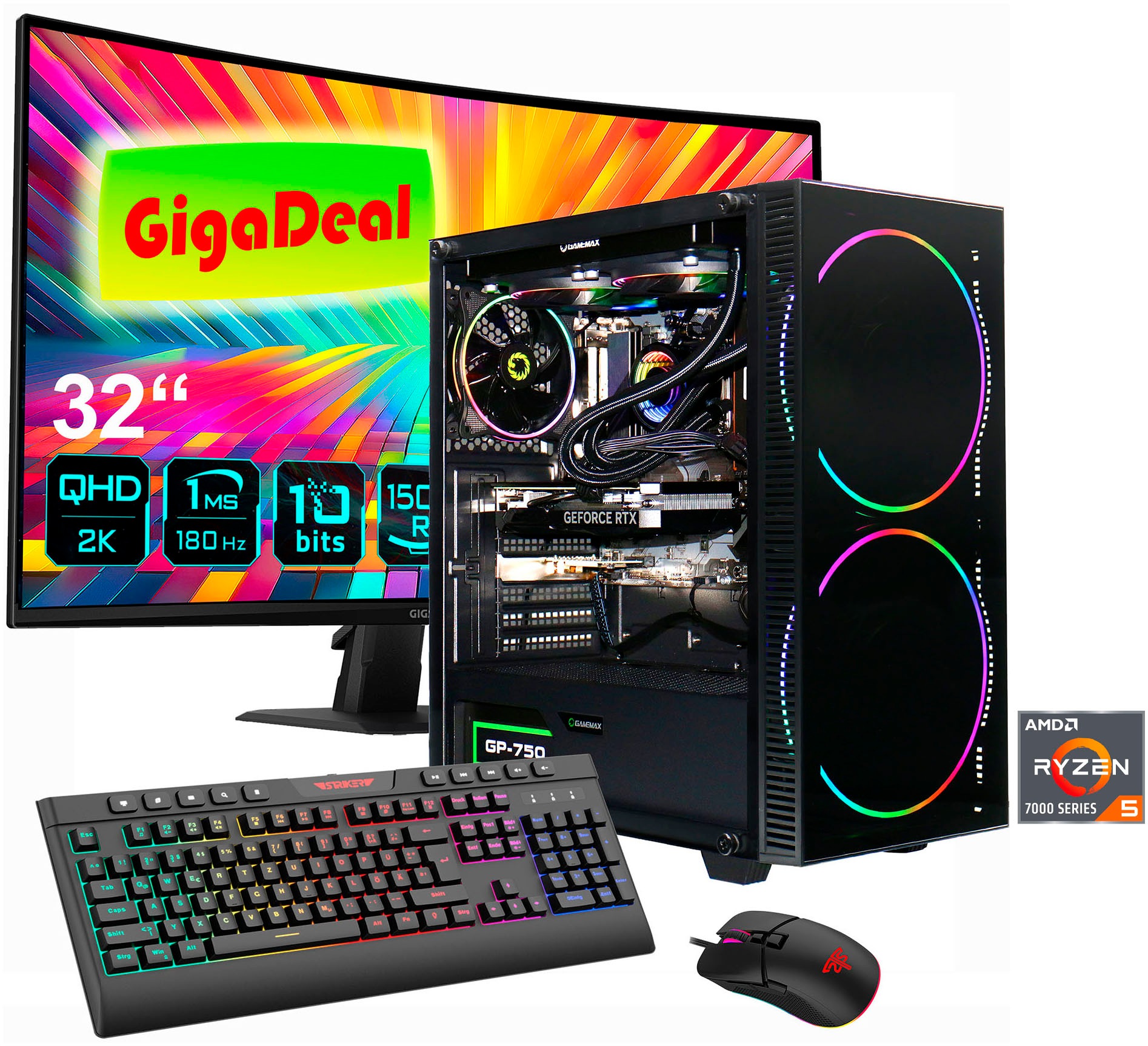 GAMEMAX Gaming-PC-Komplettsystem 'GigaDeal Black Hole 2812 AMD Ryzen 5 7500F 32GB DDR5 1TB SSD RTX 5070' 32 ″ AMD Ryzen 5 GeForce RTX™ 5070 32 GB RAM 1.000 GB SSD Windows 11, DDR5 RAM + Gigabyte GS32QCA LED-Monitor Curved, 80 cm 32'