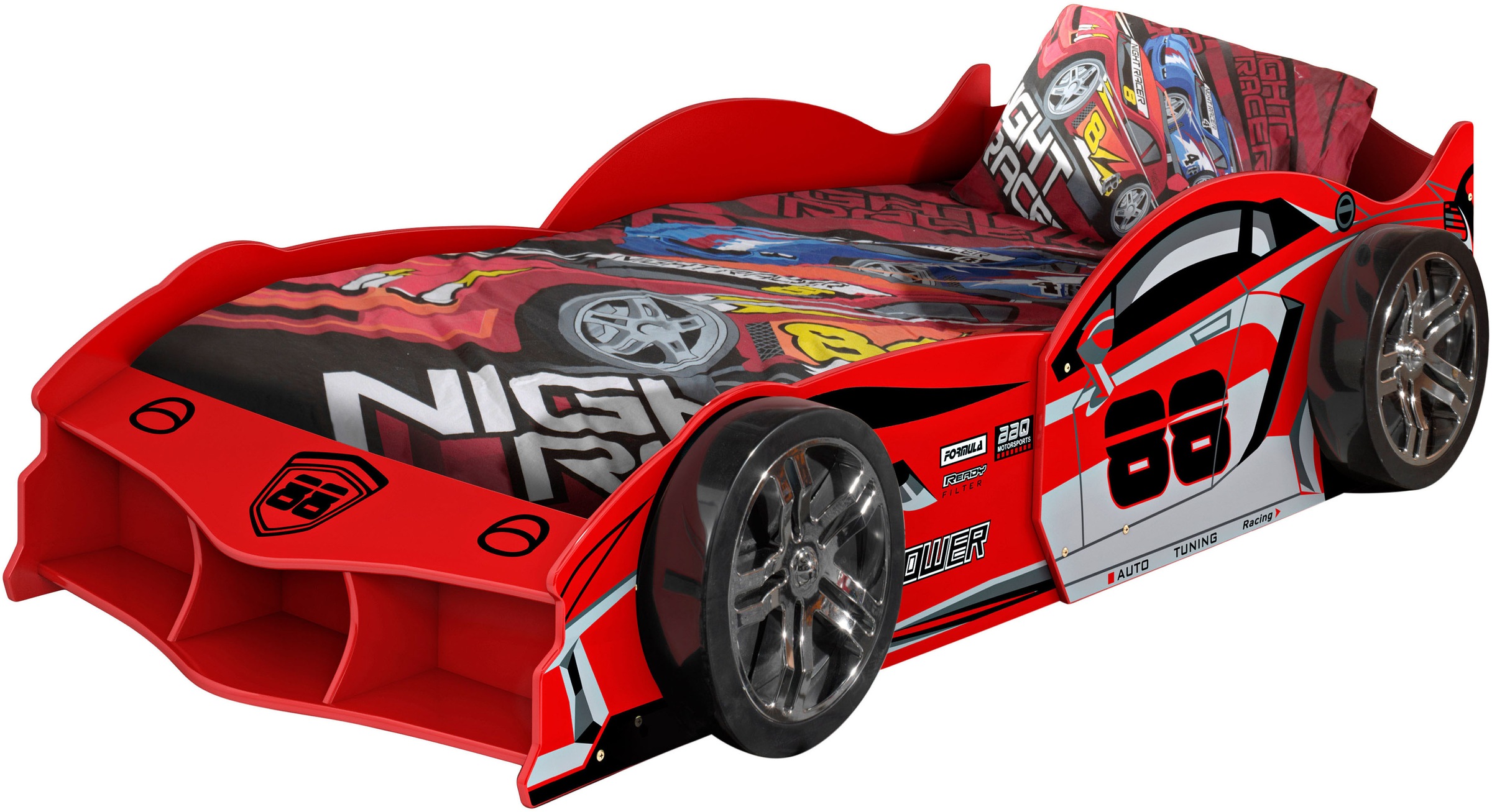 Vipack Autobett »Max 90/200 cm, im Rennwagen-Design, die Show im Kinderzimmer« B/H/T ca.: 229x58x114 cm mit Lattenrost und breiten Rädern, tolle Felgen-Optik, glänzend lackiert in 2 Farben erhältlich