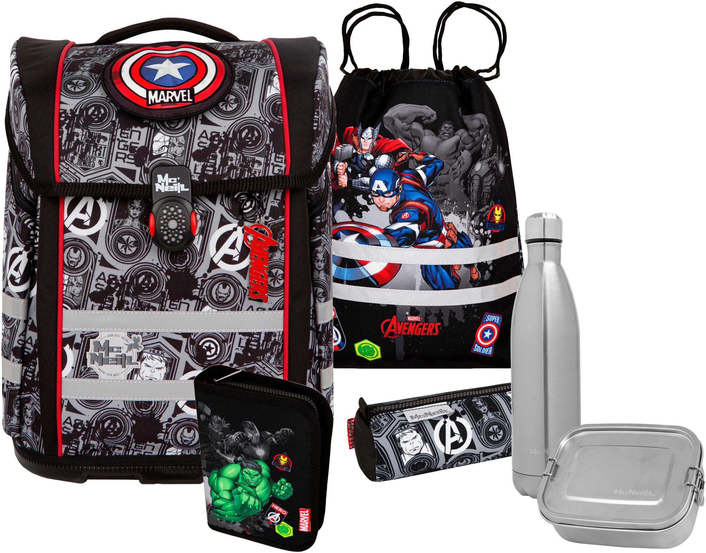 McNeill Schulranzen »Perfecto, Marvel, Avengers« reflektierende Streifen auf den Schultergurten;retroreflektierende Flächen inkl. Federmäppchen, Turnbeutel, Schlamperrolle & Motivmagnet