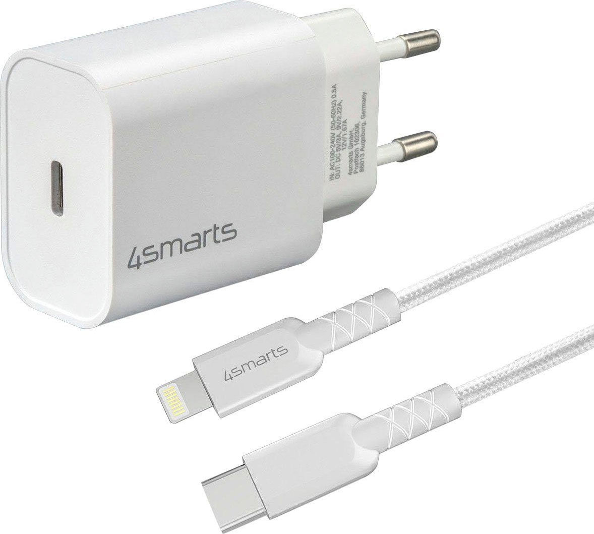 4smarts Smartphone-Ladegerät »Schnelllade-Set 20W mit 1,5m Lightning Kabel f. iPhone« 150 cm Lightning Kabel für iPhone 11 12 13 14 Pro Max Mini SE iPad, 20W Schnellladegerät iPhone Ladekabel USB-C Ladegerät PD Schnelllader