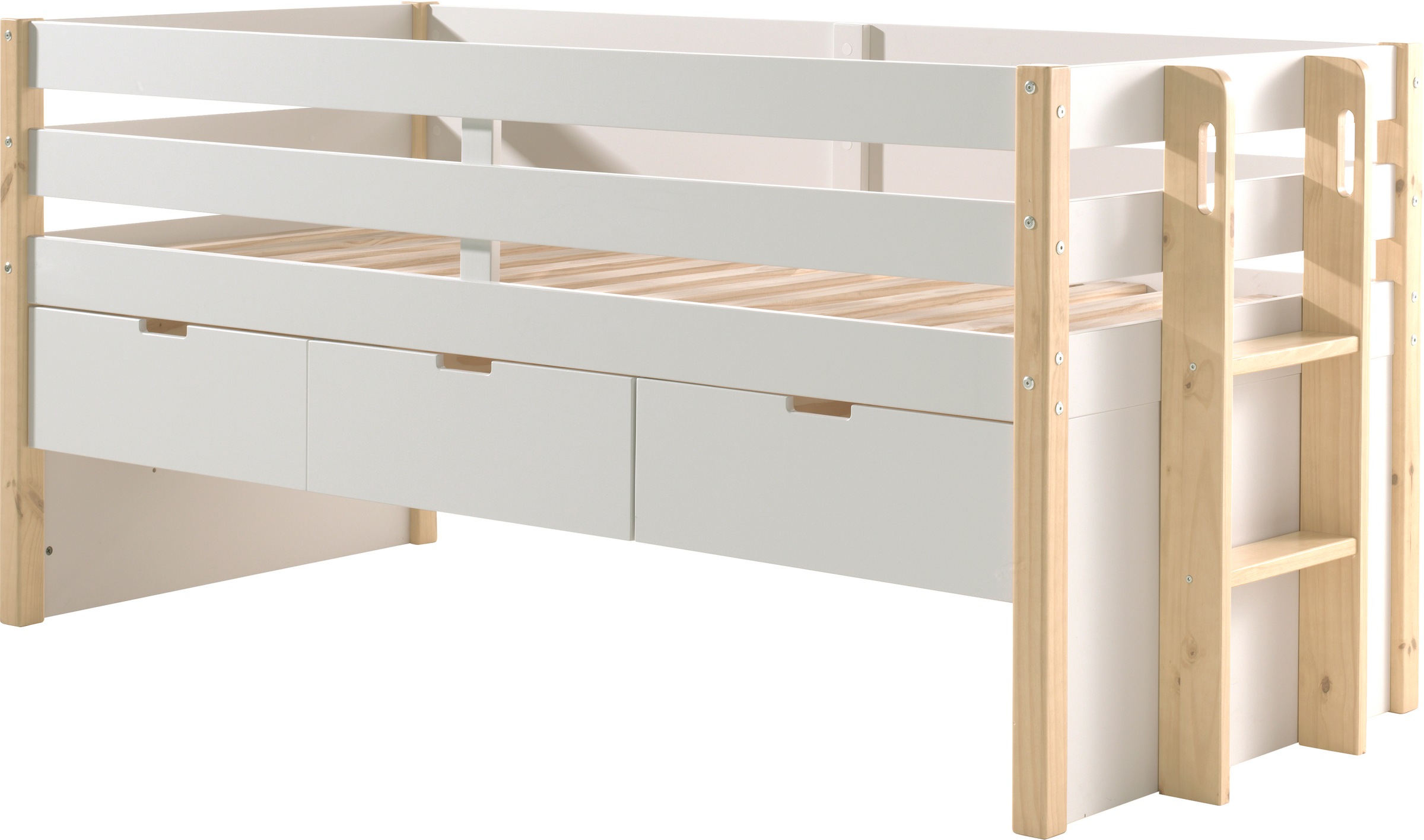 Vipack Hochbett »Magrit, mit 3 geräumingen Schubladen, viel Stauraum, moderne Optik« B/H/T ca. 219,4x100x97,8cm, MDF weiß lackiert, Kiefer natur, wahlweise mit oder ohne Bettschublade als zusätzlichen Stauraum
