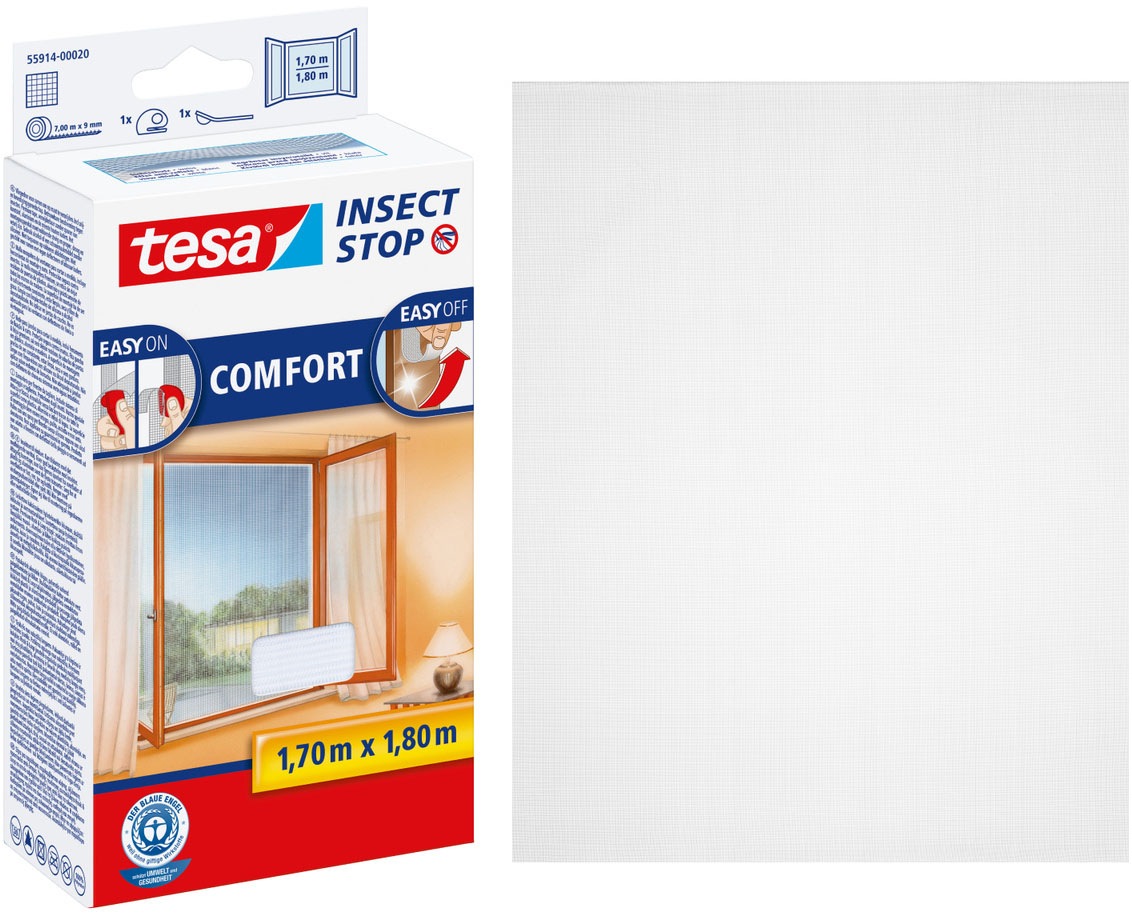 tesa Insektenschutz-Fensterrahmen »Insect Stop Comfort Fliegengitter für Fenster - 1.7 m : 1.8 m« Packung, Fliegennetz, Klettband, Andrück und Schneidehilfe, 1 Stk. tlg. Insektenschutzgitter - Fliegenetz ohne Bohren - zuschneidbar