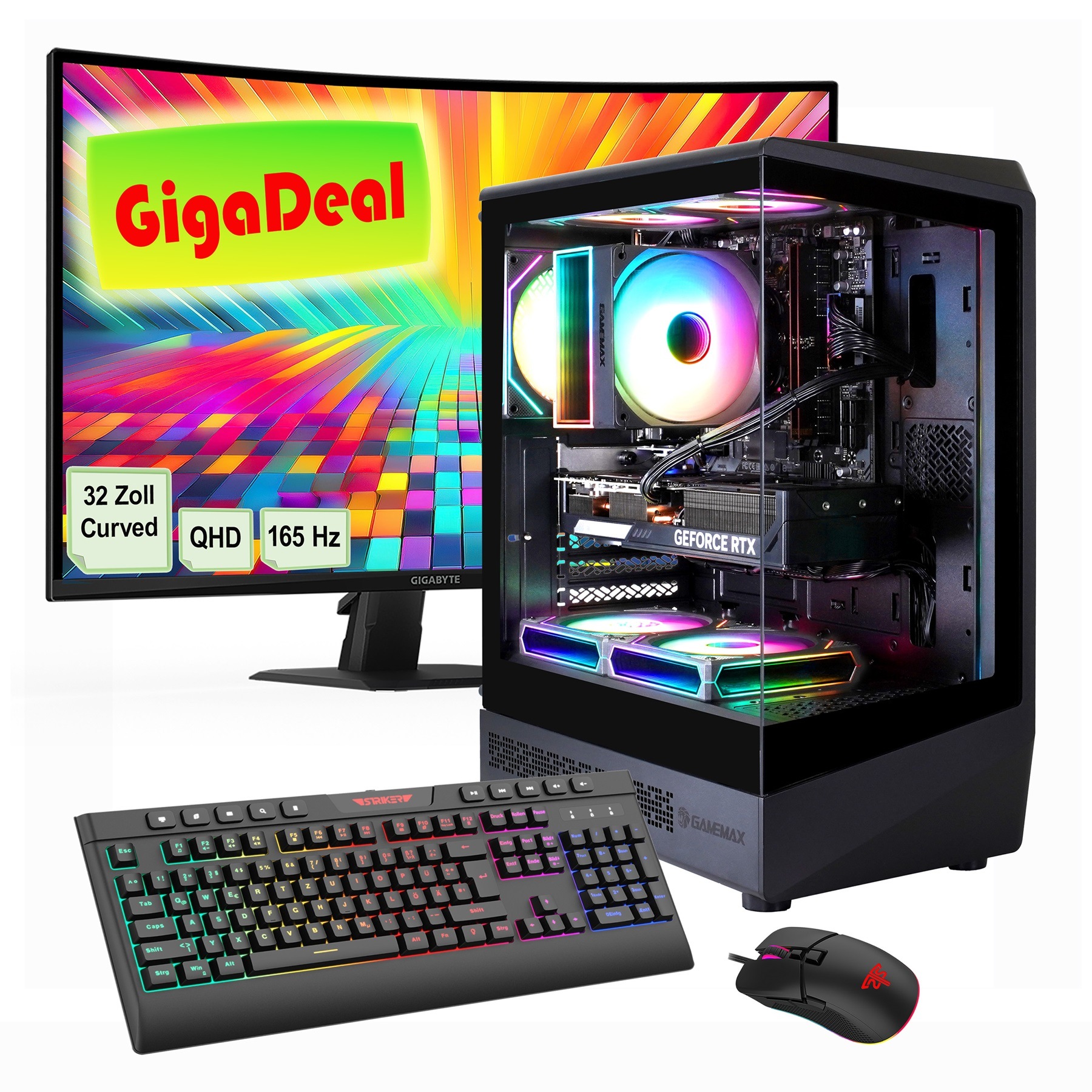 GAMEMAX PC-Komplettsystem »GigaDeal Vista COC AB 2620 Ryzen 5 7500F RTX 5060Ti 32GB DDR5 1TB SSD« 32 ″ AMD Ryzen 5 GeForce RTX™ 5060 Ti 32 GB RAM 1.000 GB SSD Windows 11, DDR5 RAM + Gigabyte GS32QC LED-Monitor Curved, 80 cm (32')