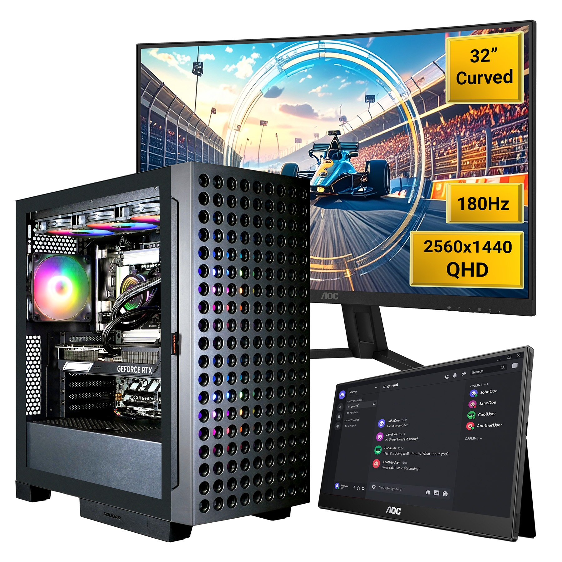 Cougar Gaming-PC-Komplettsystem »AIRFACE ECO BK SET2654 Core Ultra 7 265KF RTX 5070Ti 32GB DDR5 1TB SSD« 32 ″ Intel® Core Ultra 7 GeForce RTX™ 5070Ti 32 GB RAM 1.000 GB SSD Windows 11, DDR5 RAM + 32' AOC CQ32G4VE Curved Gaming-Monitor