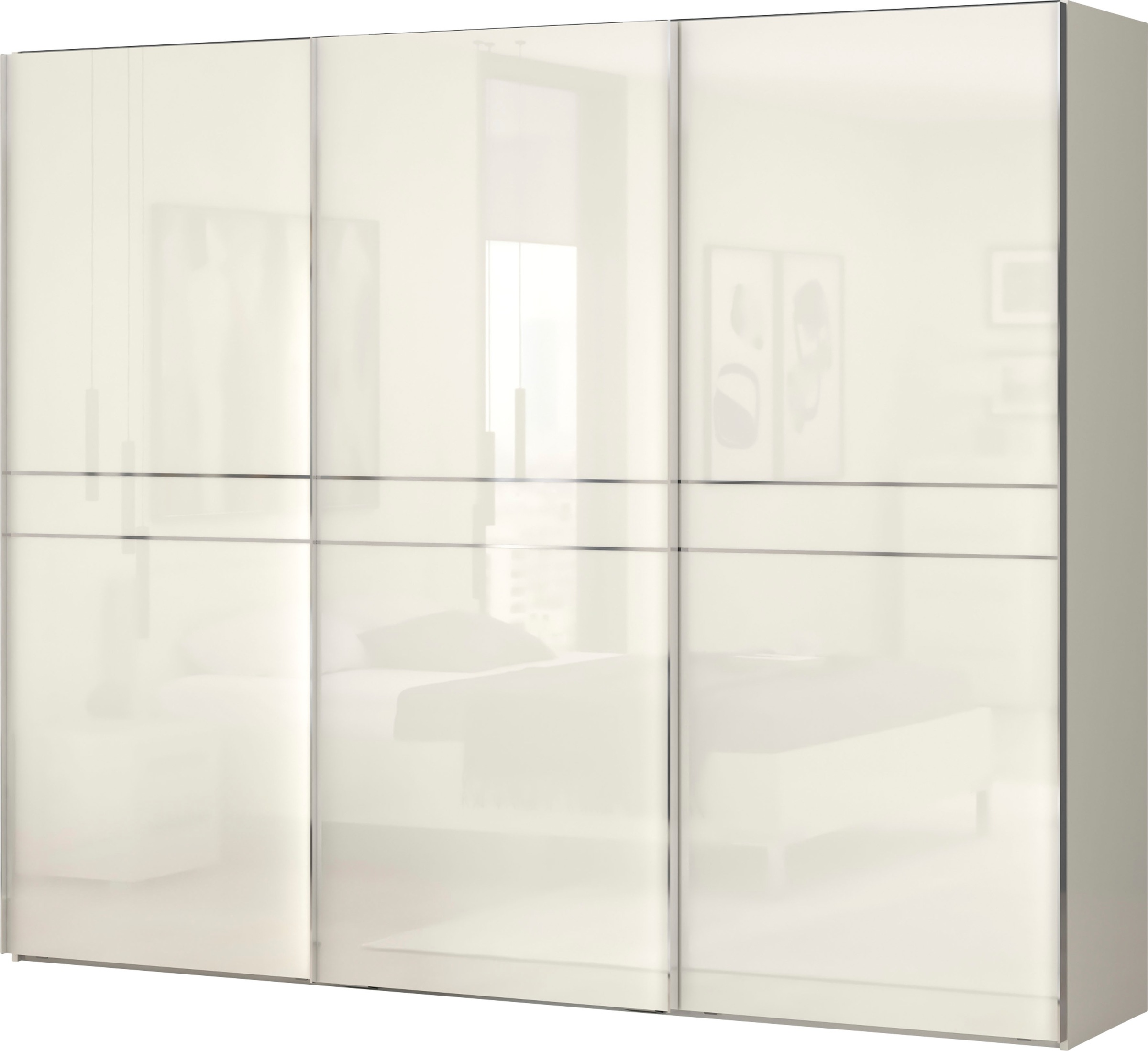 PLACES OF STYLE Schwebetürenschrank »Piano, FSC-zertifiziert, mit Einlegeböden und Kleiderstangen« in 3 Breiten, 224cm hoch, mit verchromten Aufleistungen, UV lackiert, hochglänzend, mit Soft-Close Funktion, in beige oder weiß