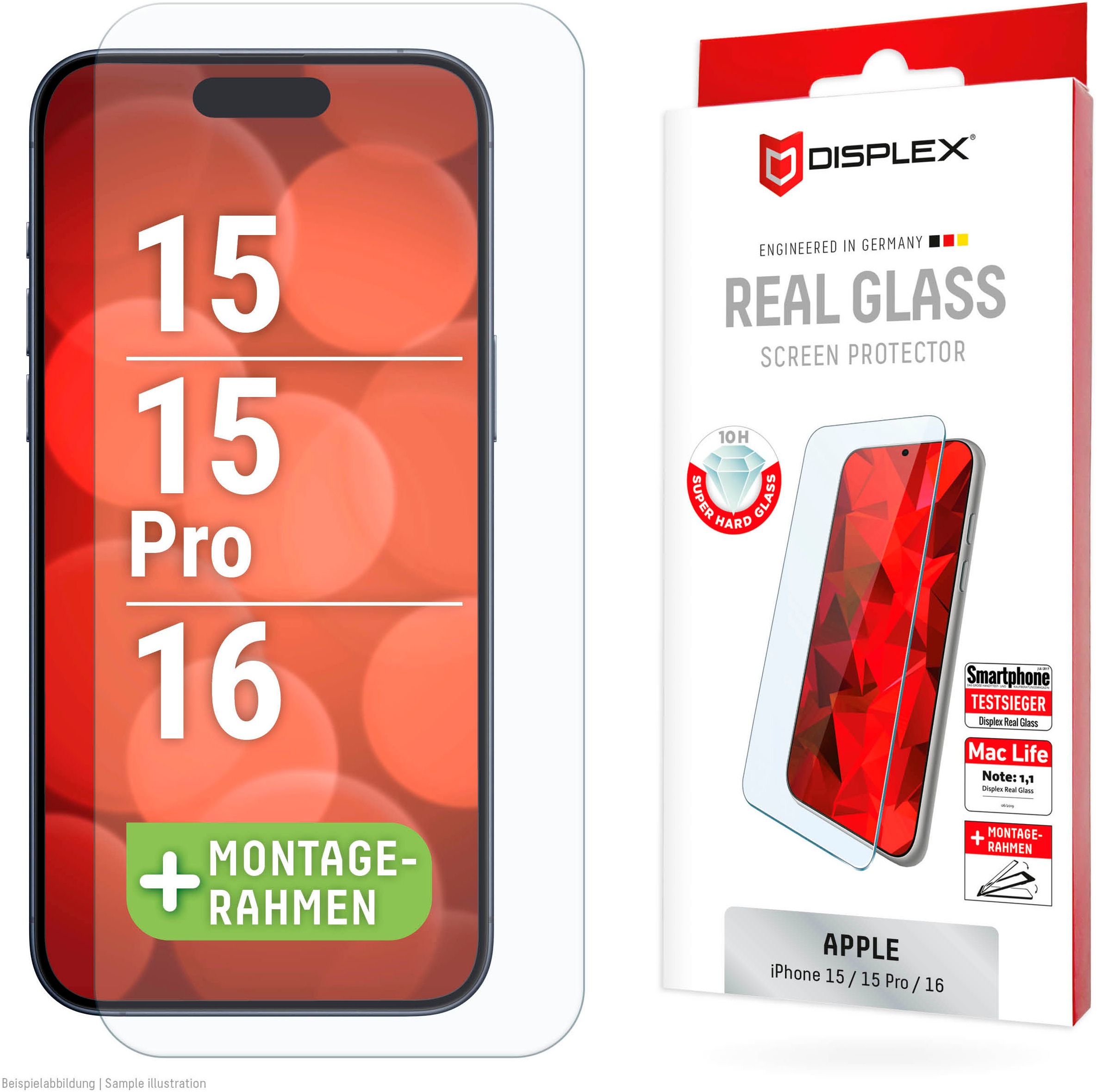 Displex Displayschutzglas »Real Glass Screen Protection« für Apple iPhone 16;Apple iPhone 15;Apple iPhone 15 Pro Displayschutzfolie, Schutzfolie, Bildschirmschutz, kratz- & stoßfest