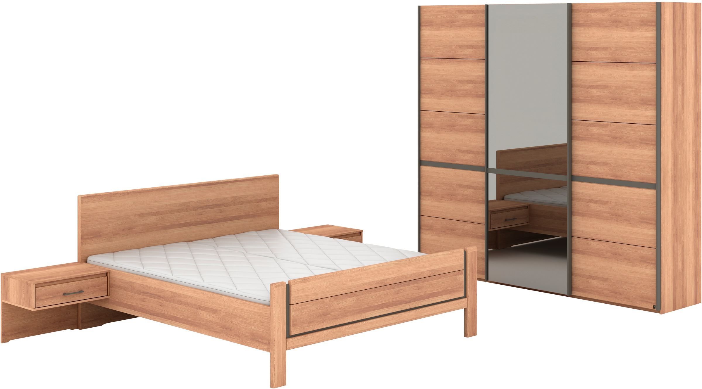 Musterring Schlafzimmer-Set »Sorrent, Kleiderschrank, Bett & Nachtkommoden, teilmassiv Eiche« 2er-Set Nachtschränke, Schwebetürenschrank 250 cm, Bett 180x200 cm, mit Schwebetürenschrank, Bett mit Stollenfuß, Breite Schrank 250 cm