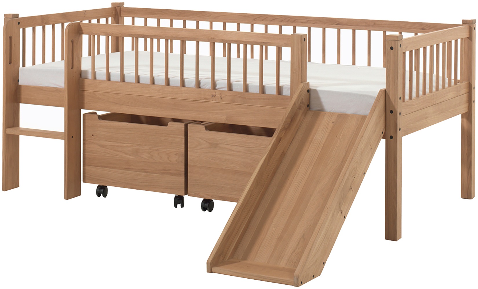 Vipack Massivholzbett »Forrest Made in Europe, stabil und hochwertig gebaut, mit 2 Rollboxen« 90/200 cm, mit Rollrost, Leiter und Rutsche, seitenverkehrt montierbar, inkl. umlaufenden Absturzschutz in Sprossenoptik, Eiche natur geölt