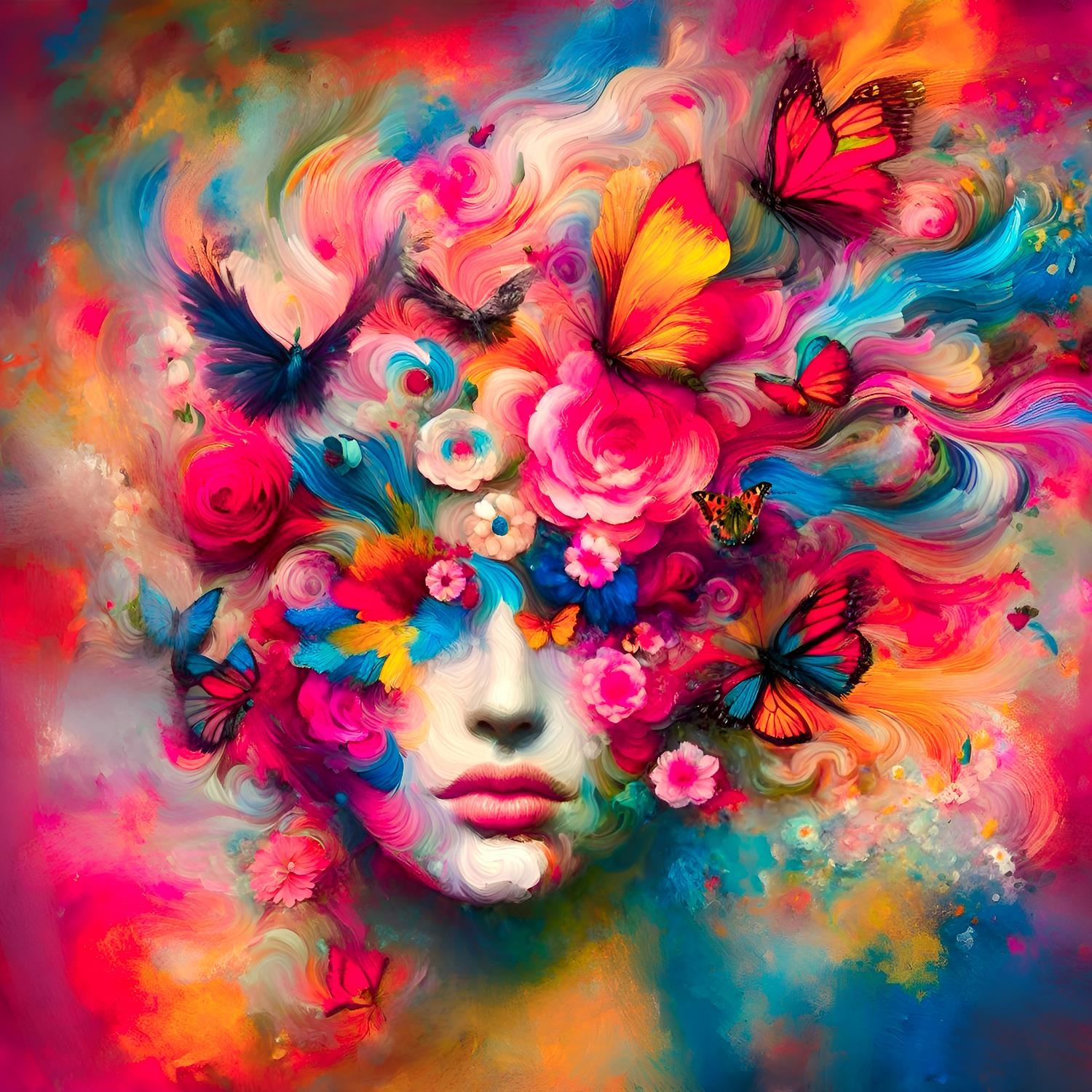 queence Acrylglasbild »Eingehüllt in Blumen und Schmetterlinge - Katharina Kolenda« Blumen Blumenbilder Fantasy Frau Tiere Vogelbilder Vögel 1 Stk. tlg. Kunst, knallige Farben, bunt