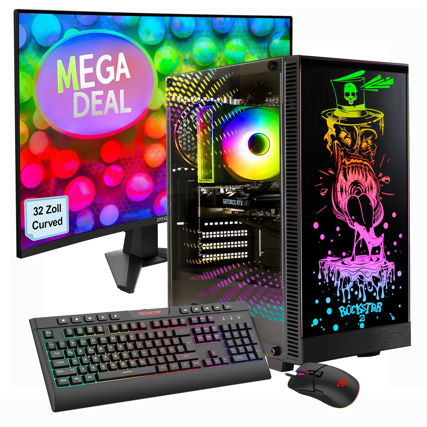 GAMEMAX PC-Komplettsystem »MegaDeal Rockstar 2628 Ryzen 5 7500F RTX 5060Ti 32GB DDR5 1TB SSD« 32 ″ AMD Ryzen 5 GeForce RTX™ 5060 Ti 32 GB RAM 1.000 GB SSD Windows 11, DDR5 RAM + MSI MAG 32C6 Curved Monitor, 80cm (32')