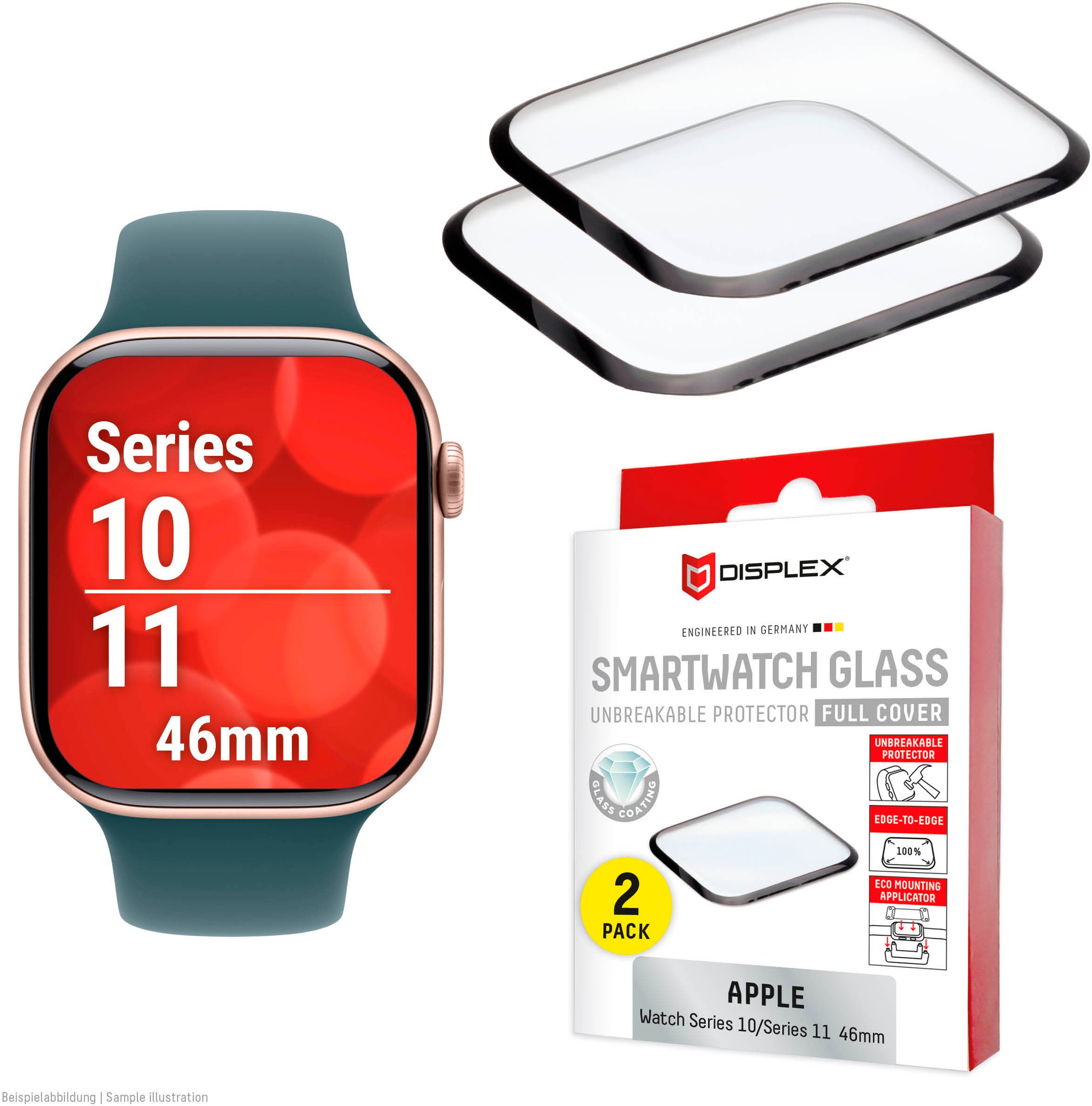 Displex Displayschutzglas »Smartwatch Glass Unbreakable Protector Full Cover« für Apple Watch Series 10 46 mm;Apple Watch Series 11 46 mm Packung, 2x Acrylglas Protector, Displayschutzfolie, Schutzfolie, Bildschirmschutz, kratz- & stoßfest