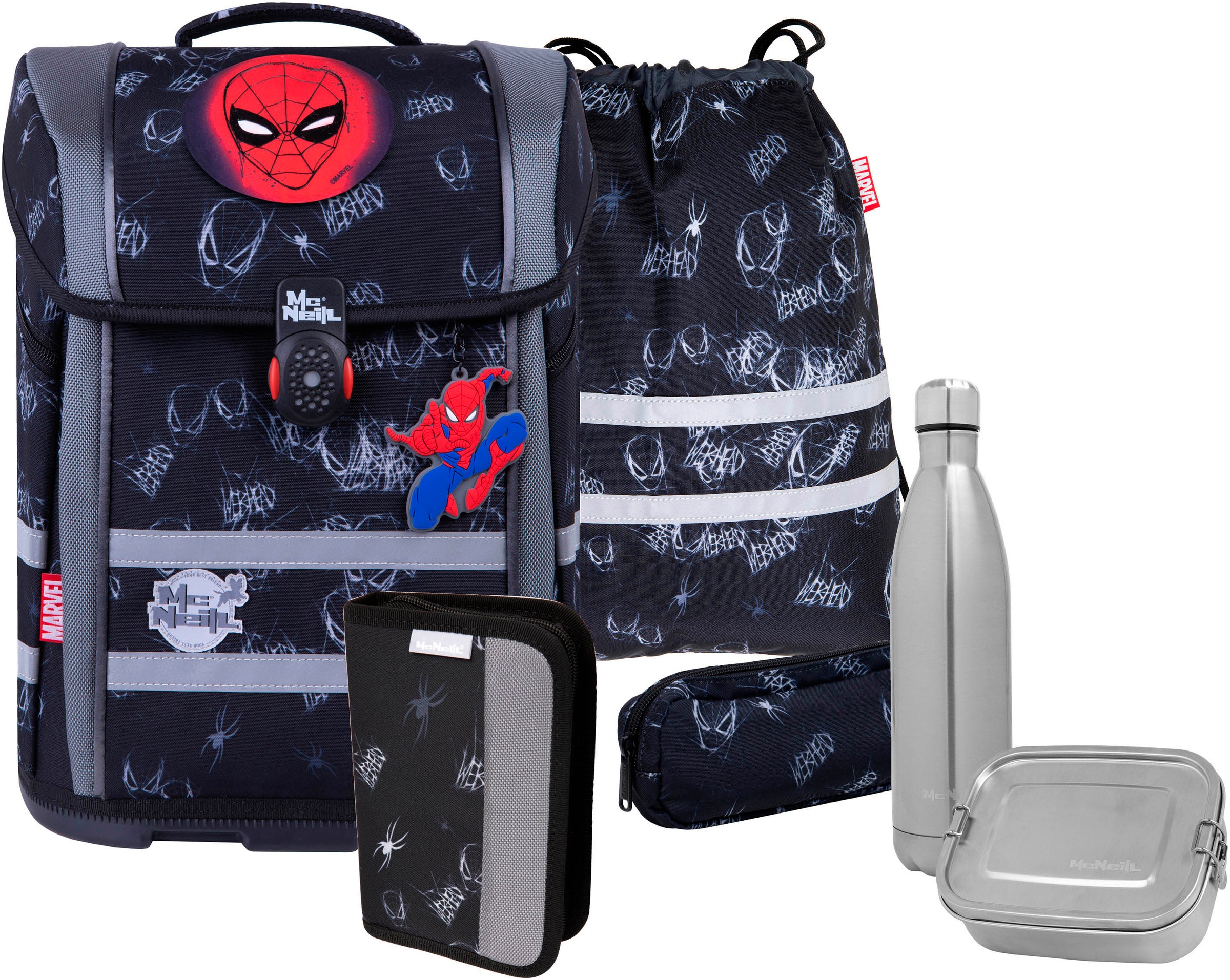 McNeill Schulranzen »Perfecto, Spider Man II« reflektierende Streifen auf den Schultergurten;retroreflektierende Flächen inkl. Federmäppchen, Turnbeutel, Schlamperrolle & Motivmagnet