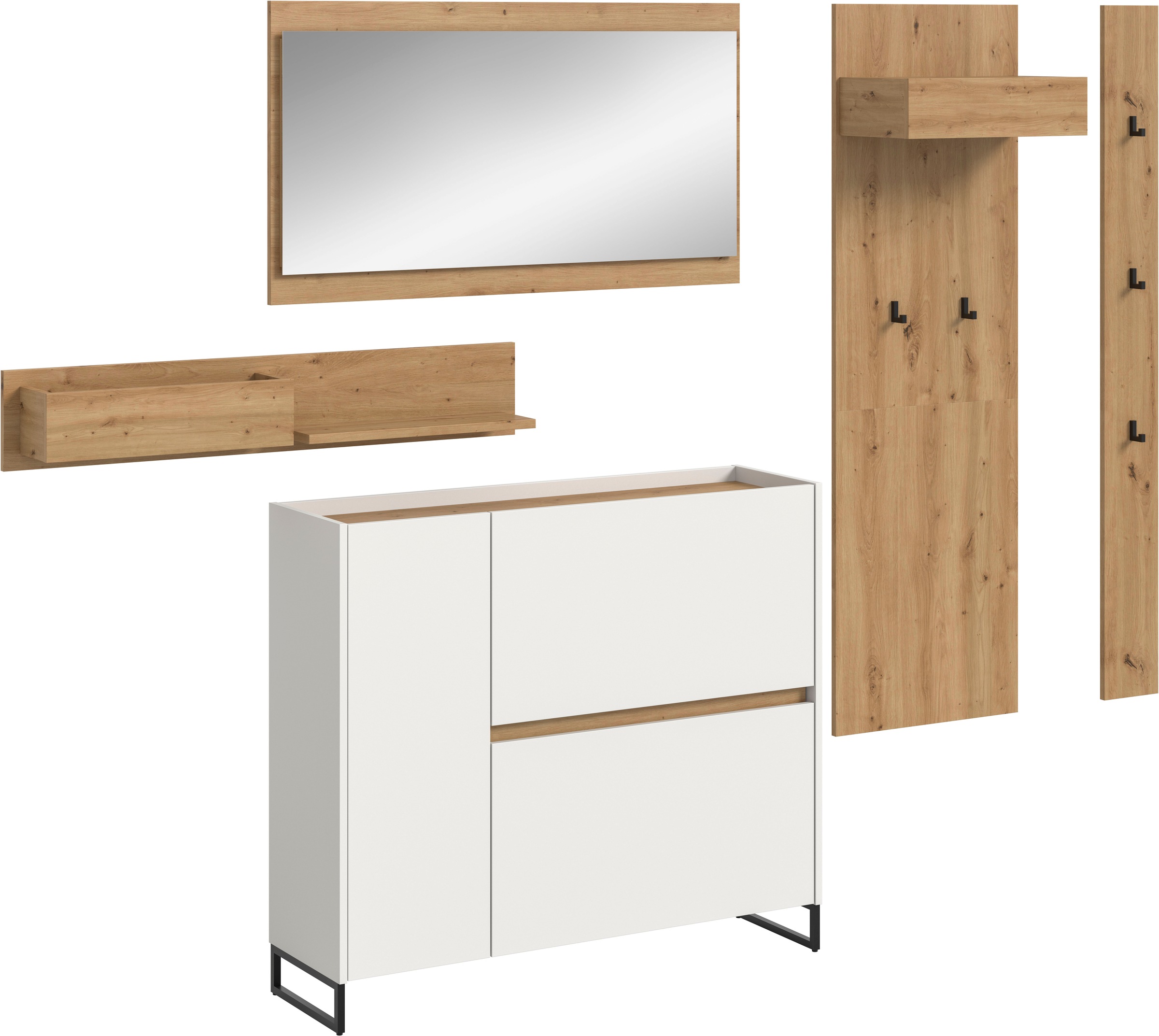 INOSIGN Garderoben-Set »EVRID, 5-teilig, Breite 236 cm, individuell stellbar & erweiterbar« best. aus: Wandboard, Kommode, Spiegel, Garderobenpaneel, Hakenleiste, 5 Stk. tlg. Garderobenkombination, Garderobe, Wandgarderobe, Flur, Diele