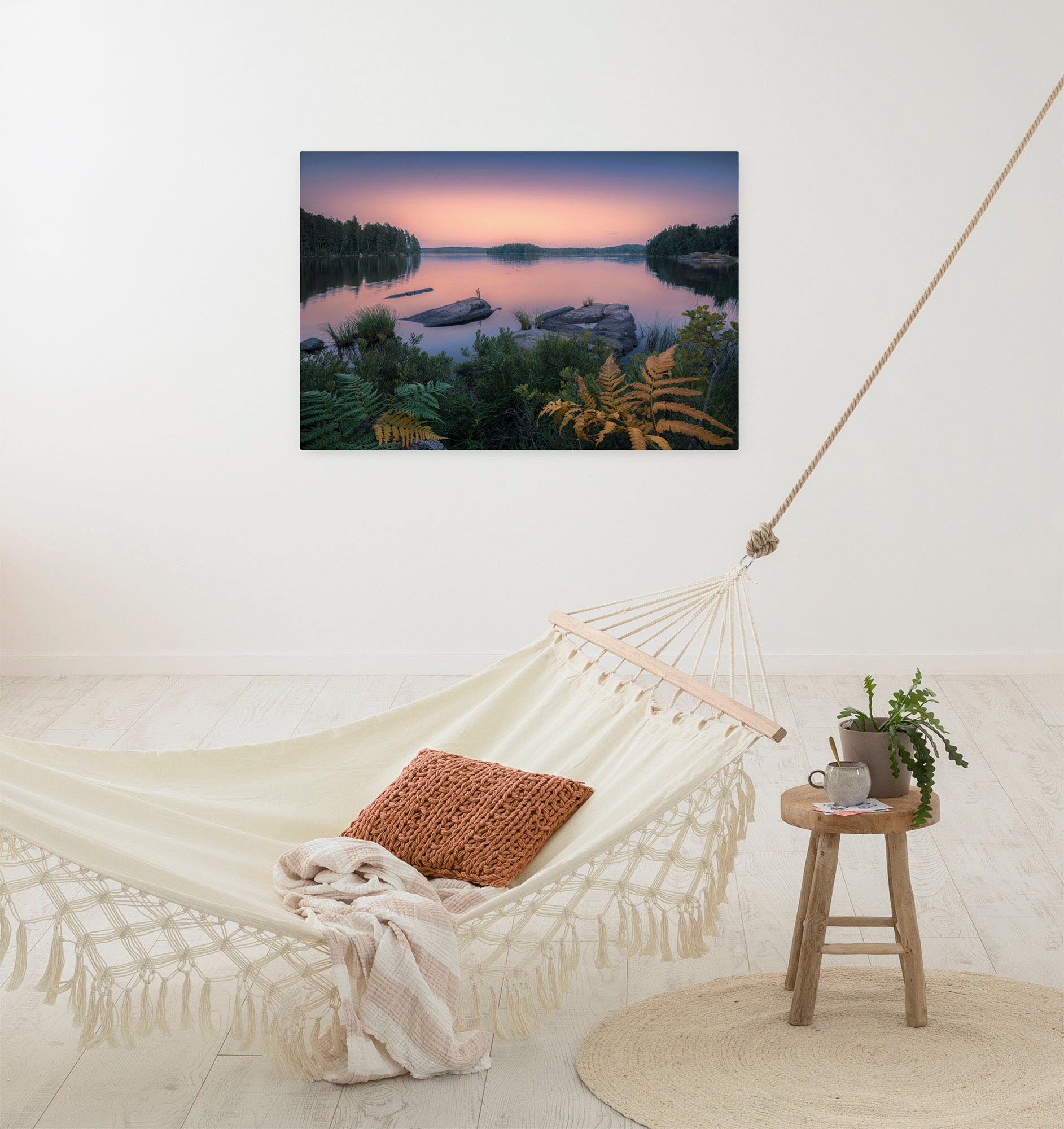 Komar Leinwandbild »Swedish Blues - Größe 90 x 60 cm« Baum Berge Blätter Foto Jahreszeiten Landschaft Meer Natur Palmen Strand Packung, 1 Stk. tlg. Keilrahmenbild mi Echtholzrahmen