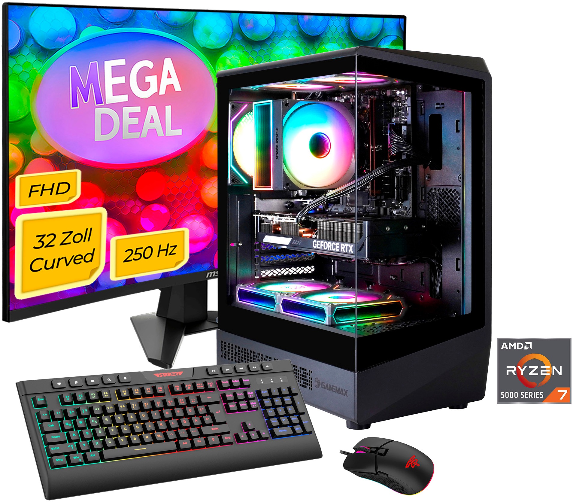 GAMEMAX Gaming-PC-Komplettsystem 'MegaDeal VISTA COC AB 2868 AMD Ryzen 7 5700X 16GB 1TB SSD RTX 5060' 32 ″ AMD Ryzen 7 GeForce RTX 5060 16 GB RAM 1.000 GB SSD Windows 11 + MSI MAG 32C6X Curved Monitor 80cm (32')