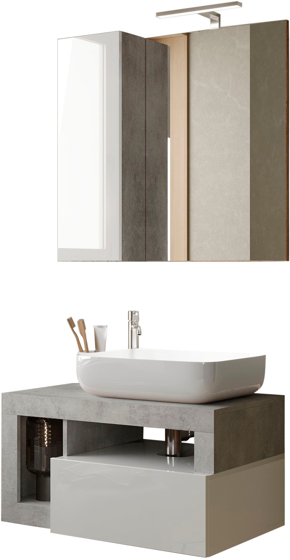 welltime Badmöbel-Set »Hamburg, Badezimmerset 2tlg. Breite 79 cm, Badmöbel, Waschtisch inkl.« Spar-Set, 2 Stk. tlg. Waschbecken, Spiegelschrank mit LED Aufbauleuchte, Soft-Close-Funktion