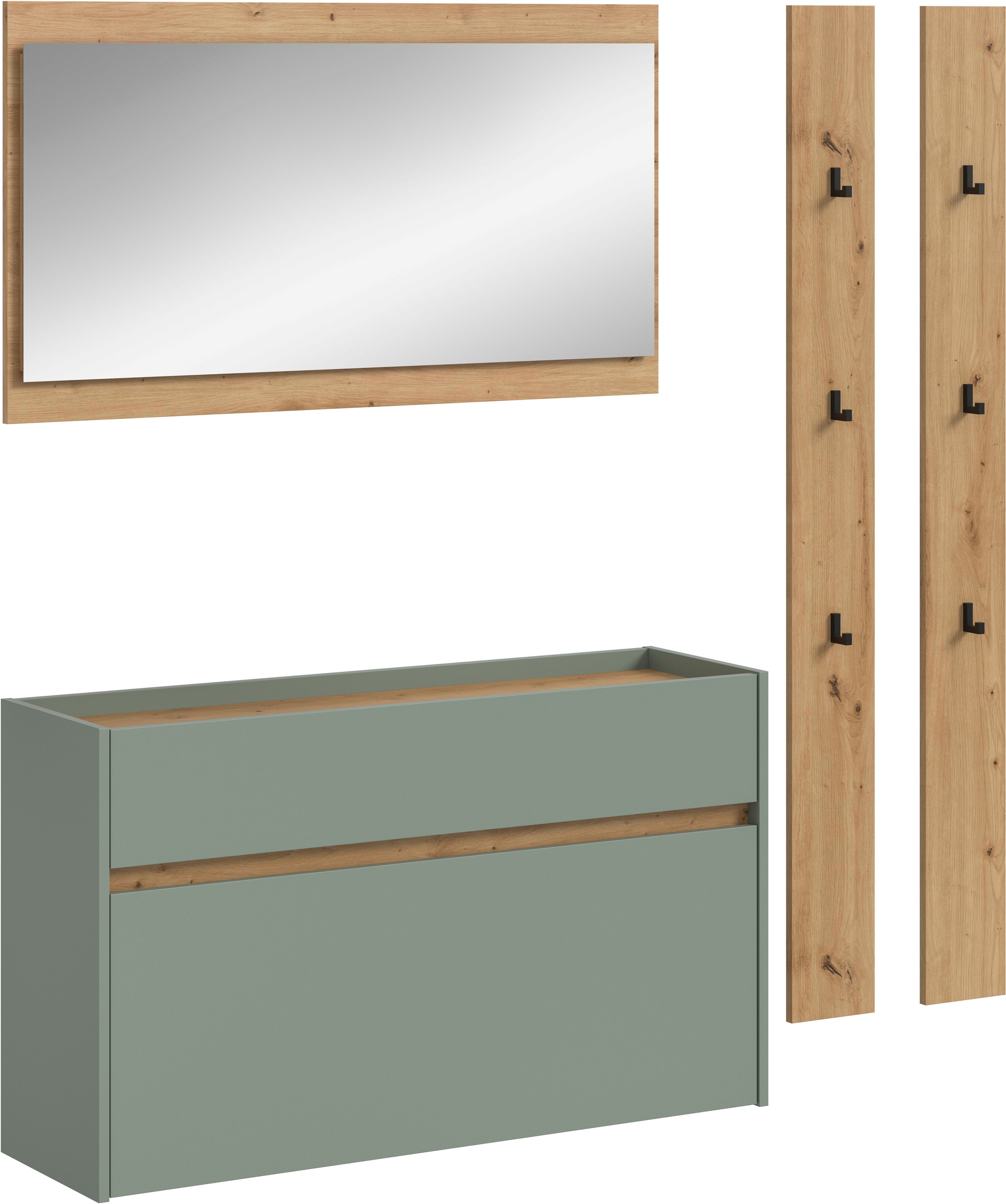 INOSIGN Garderoben-Set »EVRID, 4-teilig, Breite 172 cm, individuell hängbar & erweiterbar« best. aus: Kommode, Spiegel & 2x Hakenleiste, 4 Stk. tlg. Garderobenkombination, Garderobe, Wandgarderobe, Flur, Diele