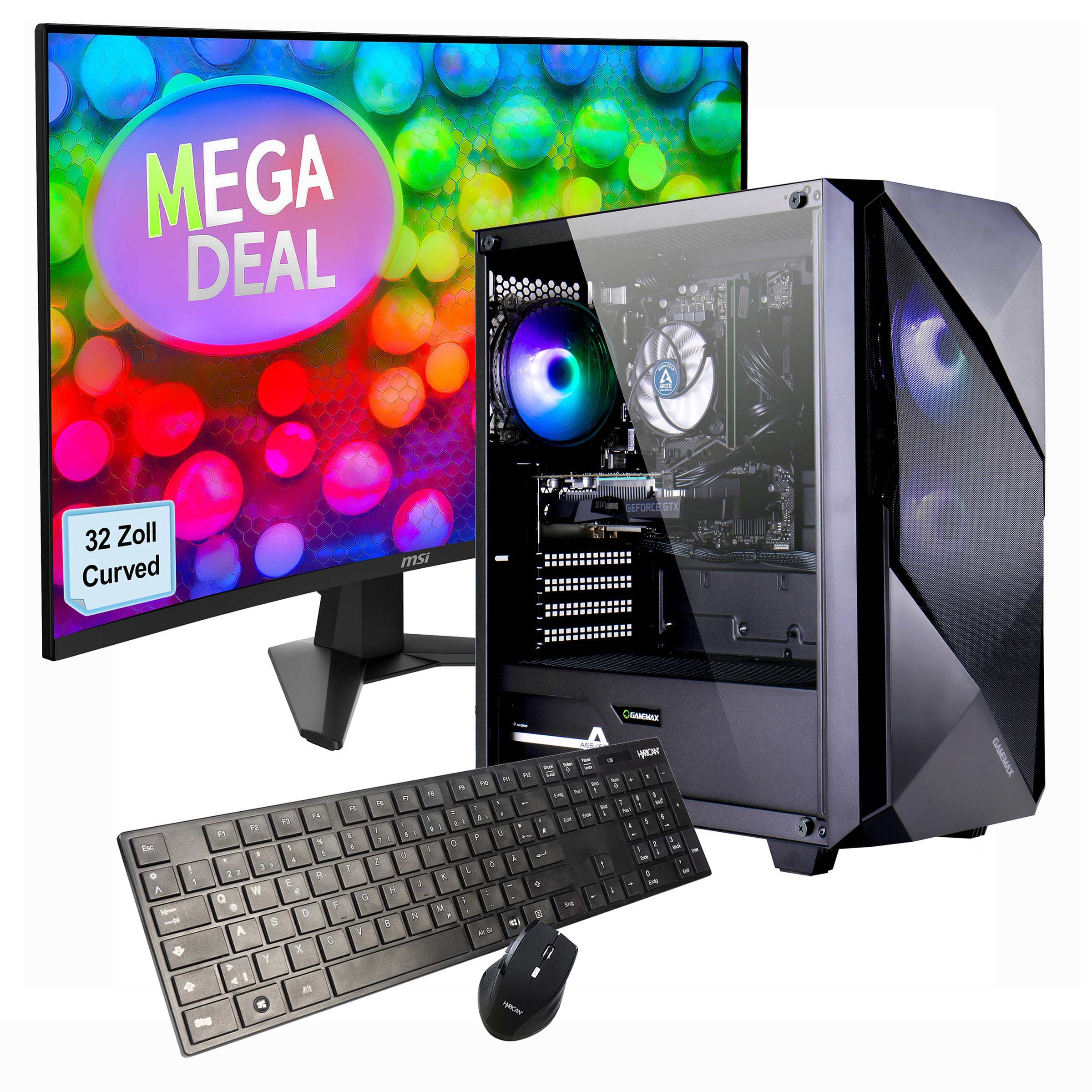 GAMEMAX PC-Komplettsystem »MegaDeal Striker 2599 AMD Ryzen 7 5700X RTX 5060 32GB DDR4 1TB SSD« 32 ″ AMD Ryzen 7 GeForce RTX™ 5060 32 GB RAM 1.000 GB SSD Windows 11 + MSI MAG 32C6 Curved Monitor, 80cm (32')