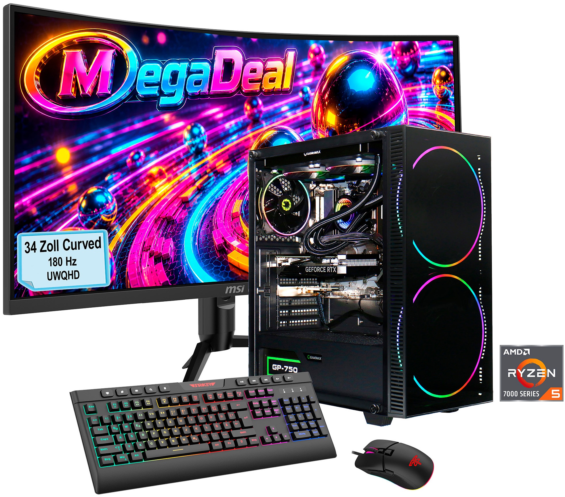 GAMEMAX Gaming-PC-Komplettsystem 'MegaDeal Black Hole 2839 AMD Ryzen 5 7500F 32GB DDR5 1TB SSD RTX 5070' 34 ″ AMD Ryzen 5 GeForce RTX? 5070 32 GB RAM 1.000 GB SSD Windows 11, DDR5 RAM + MSI MAG 342CQR E2 Curved Monitor 86cm (34')