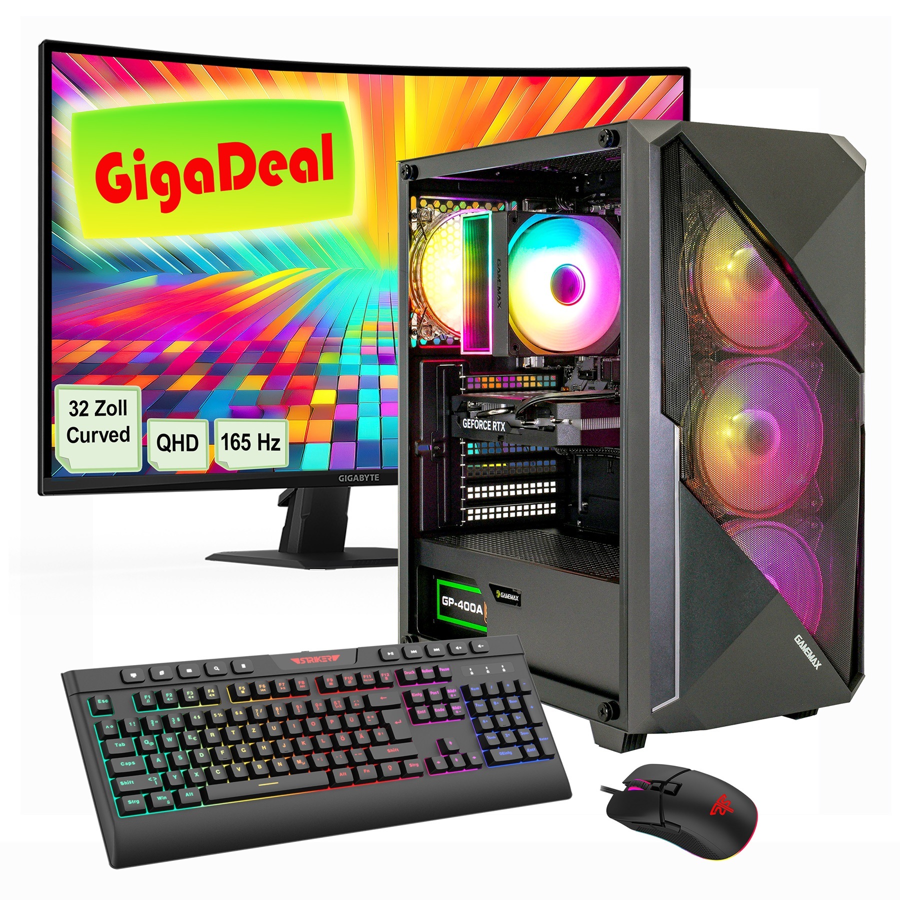 GAMEMAX PC-Komplettsystem »GigaDeal Striker 2623 AMD Ryzen 5 7500F RTX 5060Ti 32GB DDR5 1TB SSD« 32 ″ AMD Ryzen 5 GeForce RTX™ 5060 Ti 32 GB RAM 1.000 GB SSD Windows 11, DDR5 RAM + Gigabyte GS32QC LED-Monitor Curved, 80 cm (32')