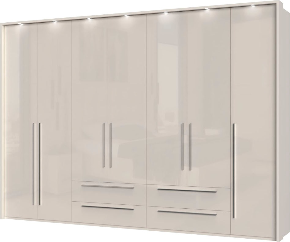 PLACES OF STYLE Drehtürenschrank »Piano, inklusive Rahmen und Beleuchtung, soft-close-Funktion« 277 oder 322cm breit, 226cm hoch, mit 4 Schubladen, UV lackiert, hochglänzend weiß oder beige, FSC-zertifiziert