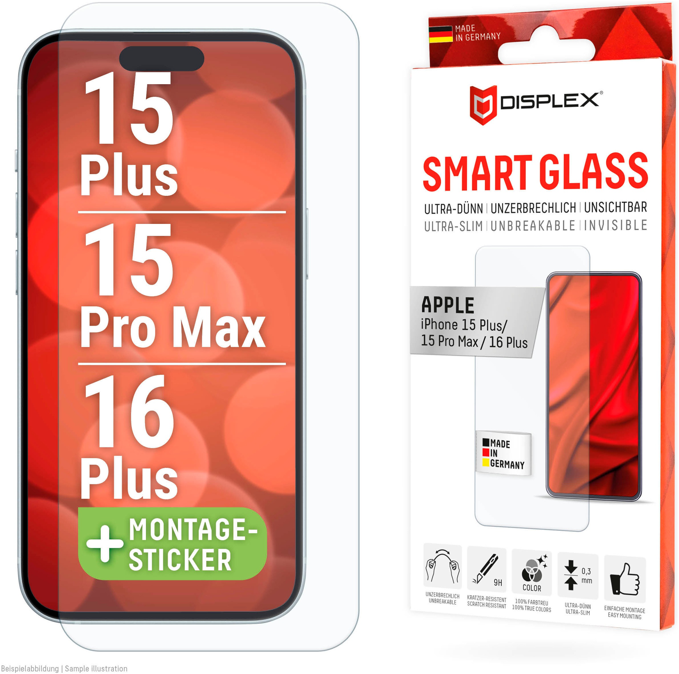 Displex Displayschutzglas »Smart Glass Screen Protection« für Apple iPhone 16 Plus;Apple iPhone 15 Plus;Apple iPhone 15 Pro Max Displayschutzfolie, Schutzfolie, Bildschirmschutz, kratz- & stoßfest
