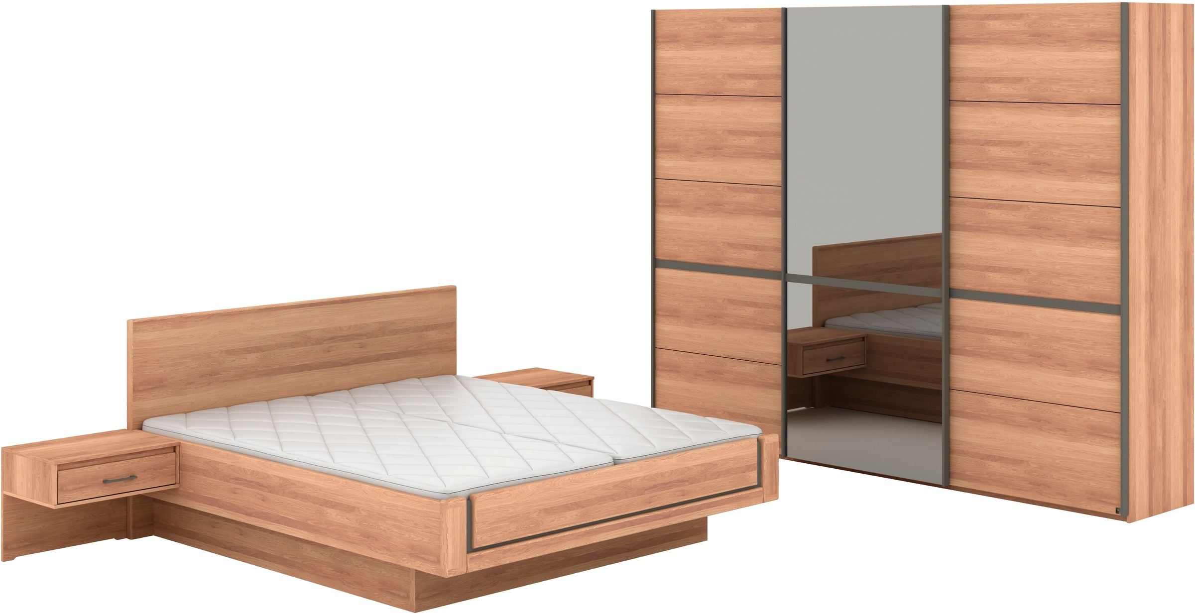 Musterring Schlafzimmer-Set »Sorrent, Kleiderschrank, Bett & Nachtkommoden, teilmassiv Eiche« 2er-Set Nachtschränke, Schwebetürenschrank 300 cm, Bett 180x200 cm, mit Schwebetürenschrank, Bett schwebende Optik, Breite Schrank 250cm