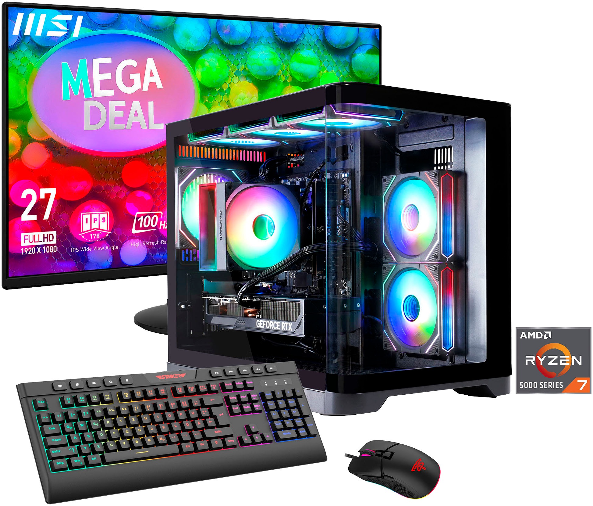 GAMEMAX Gaming-PC-Komplettsystem 'MegaDeal HYPE-M BK 2859 AMD Ryzen 7 5700X 16GB 1TB SSD RTX 5060' 27 ″ AMD Ryzen 7 GeForce RTX 5060 16 GB RAM 1.000 GB SSD Windows 11 + MSI PRO MP272L LCD-Monitor, 68,6cm (27')