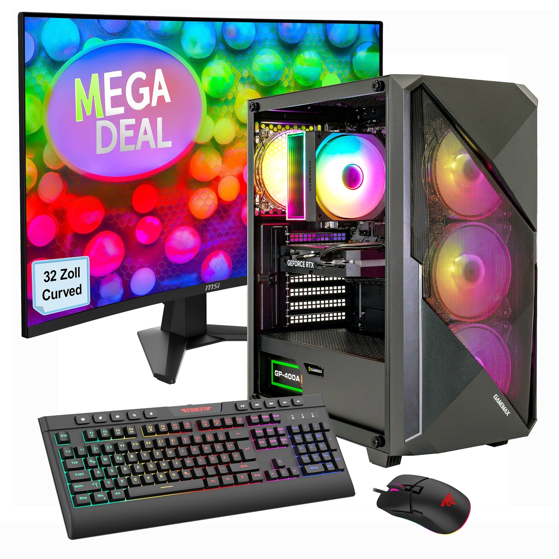 GAMEMAX PC-Komplettsystem »MegaDeal Striker 2626 AMD Ryzen 5 7500F RTX 5060 32GB DDR5 1TB SSD« 32 ″ AMD Ryzen 5 GeForce RTX™ 5060 32 GB RAM 1.000 GB SSD Windows 11, DDR5 RAM + MSI MAG 32C6 Curved Monitor, 80cm (32')