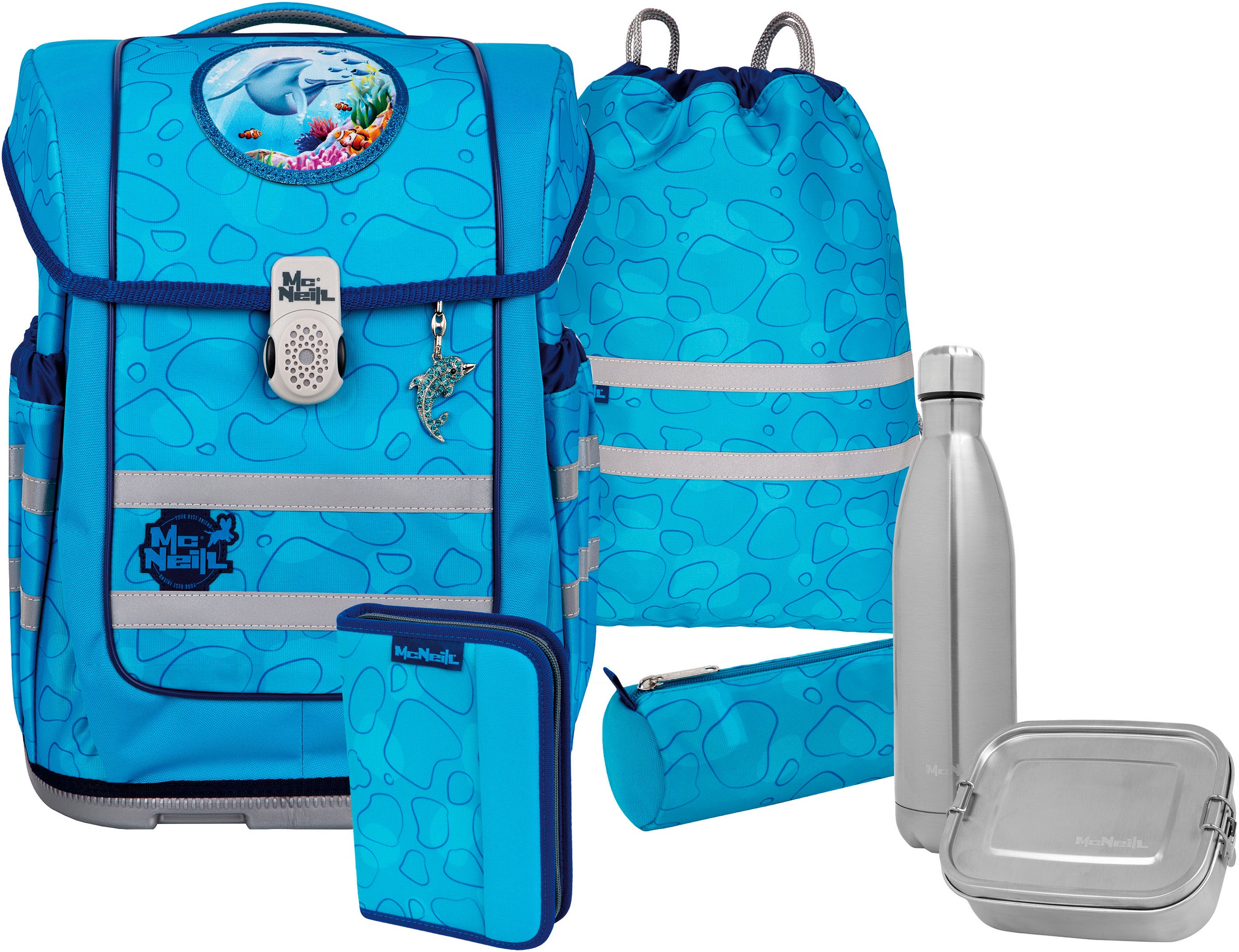 McNeill Schulranzen »Ergo Compacto, Bubble« reflektierende Streifen auf den Schultergurten;retroreflektierende Flächen inkl. Federmäppchen, Turnbeutel, Schlamperrolle & Motivmagnet